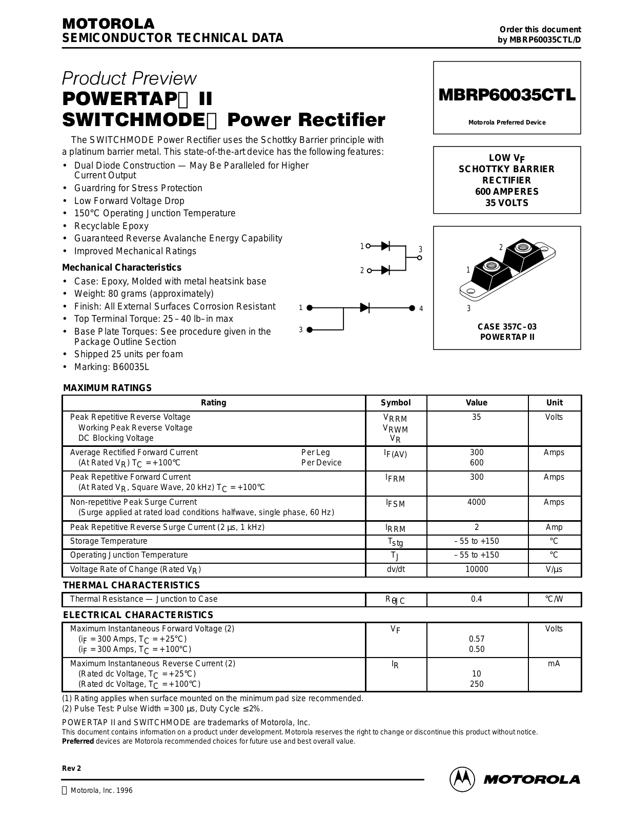 Motorola MBRP60035CTL Datasheet