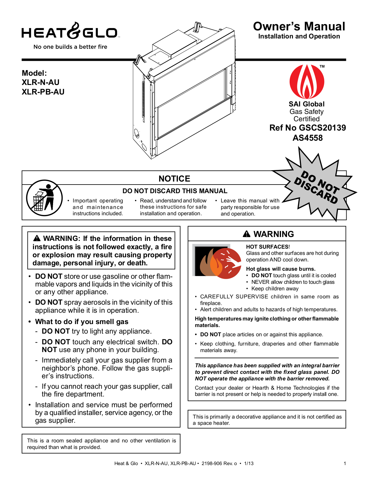 Heat & Glo XLR-N-AU User Manual