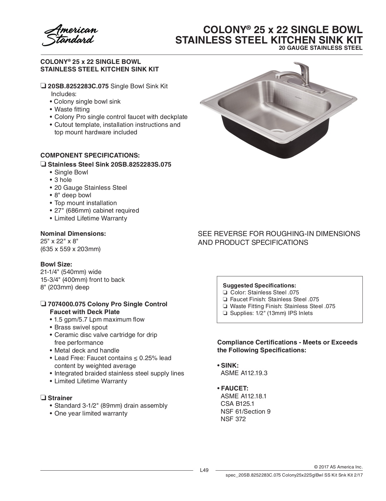 American Standard 20SB.8252283C.075 Installation Manual