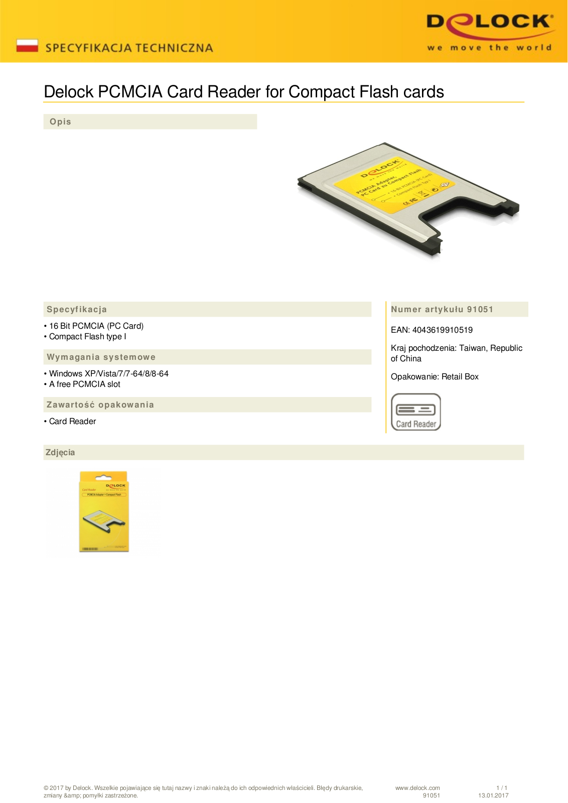 DeLOCK CompactFlash single-slot-Card Readers, PCMCIA User Manual