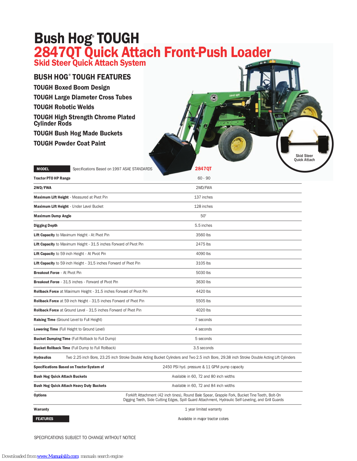 Bush Hog Front-Push Loader 2847QT, TOUGH 2847QT Specifications