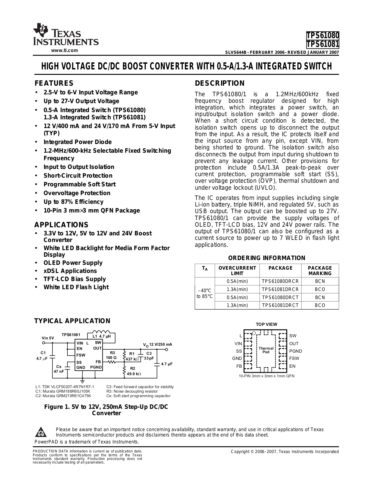 TEXAS INSTRUMENTS TPS61080, TPS61081 Technical data