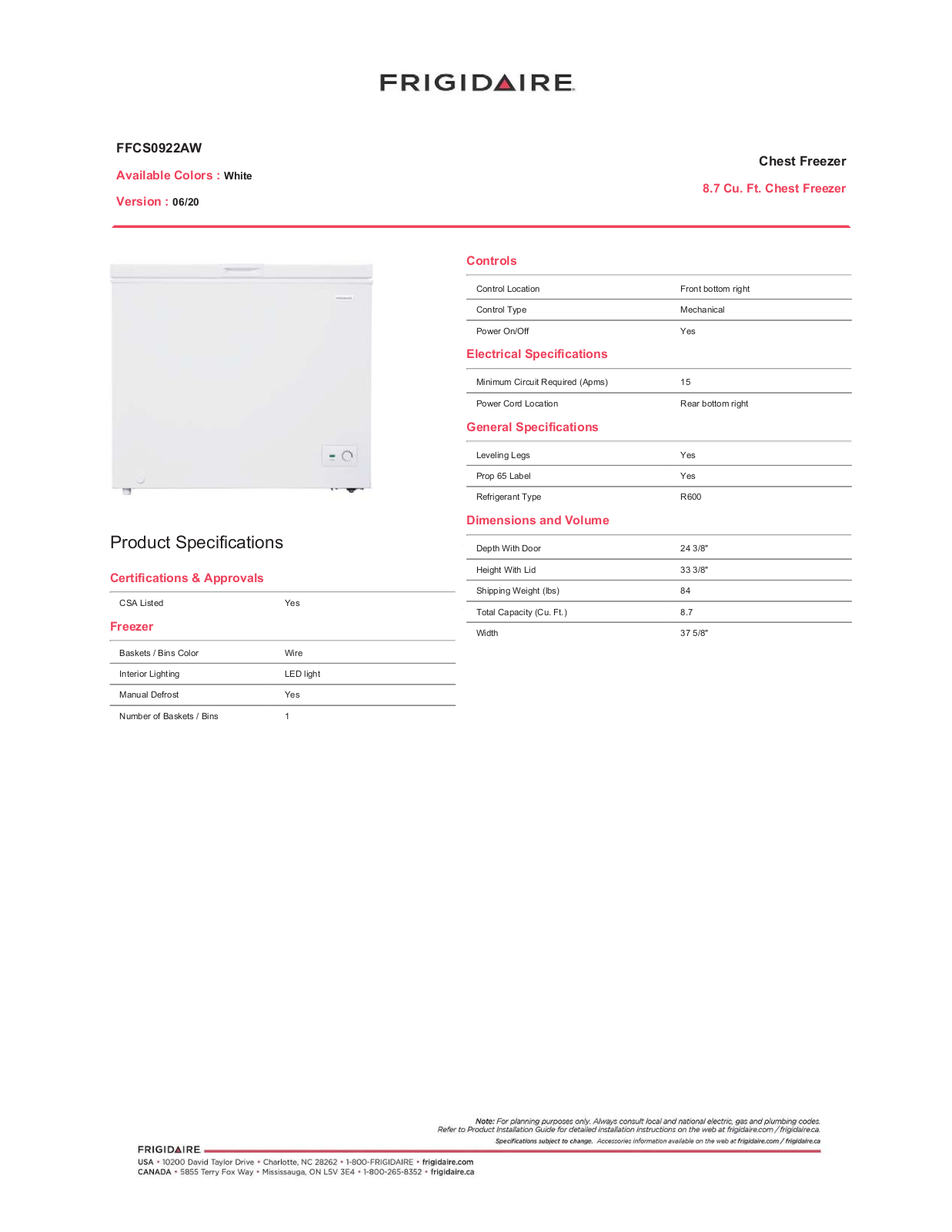 Frigidaire FFCS0922AW Specification Sheet