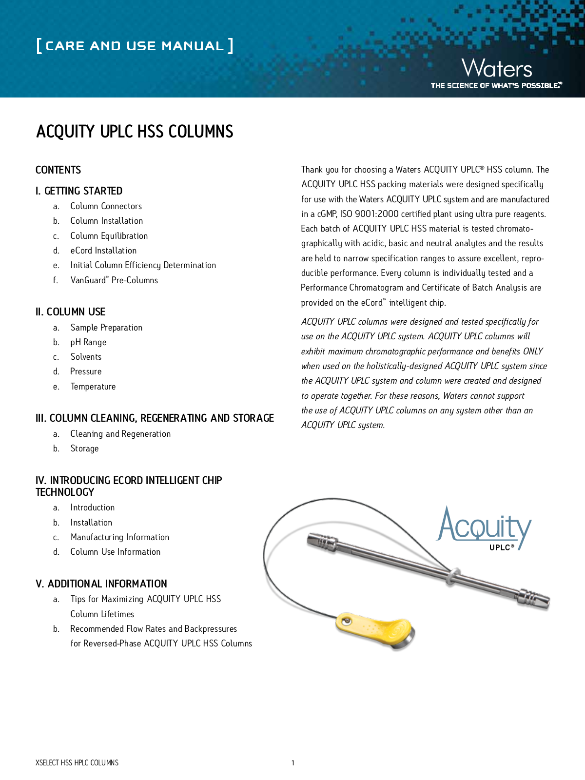 Waters ACQUITY UPLC HSS Columns User Manual