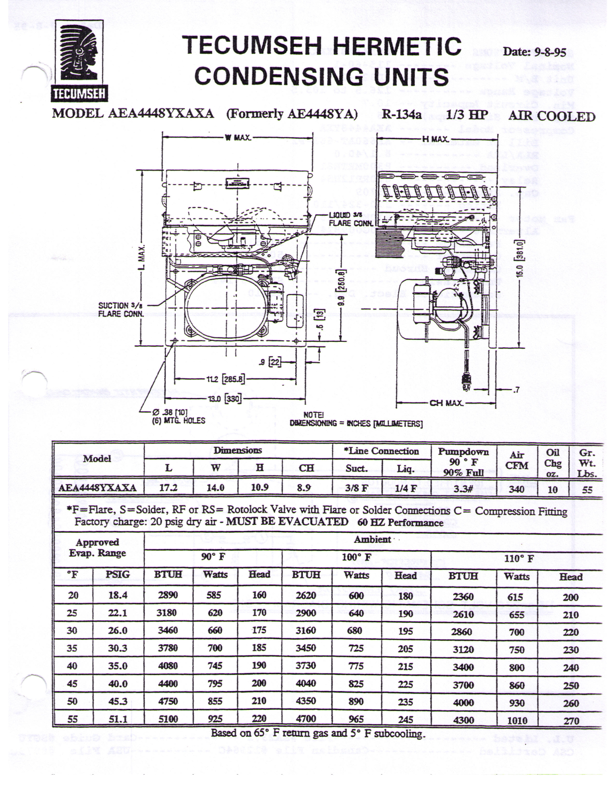 Tecumseh AEA4448YXAXA Performance Data Sheet