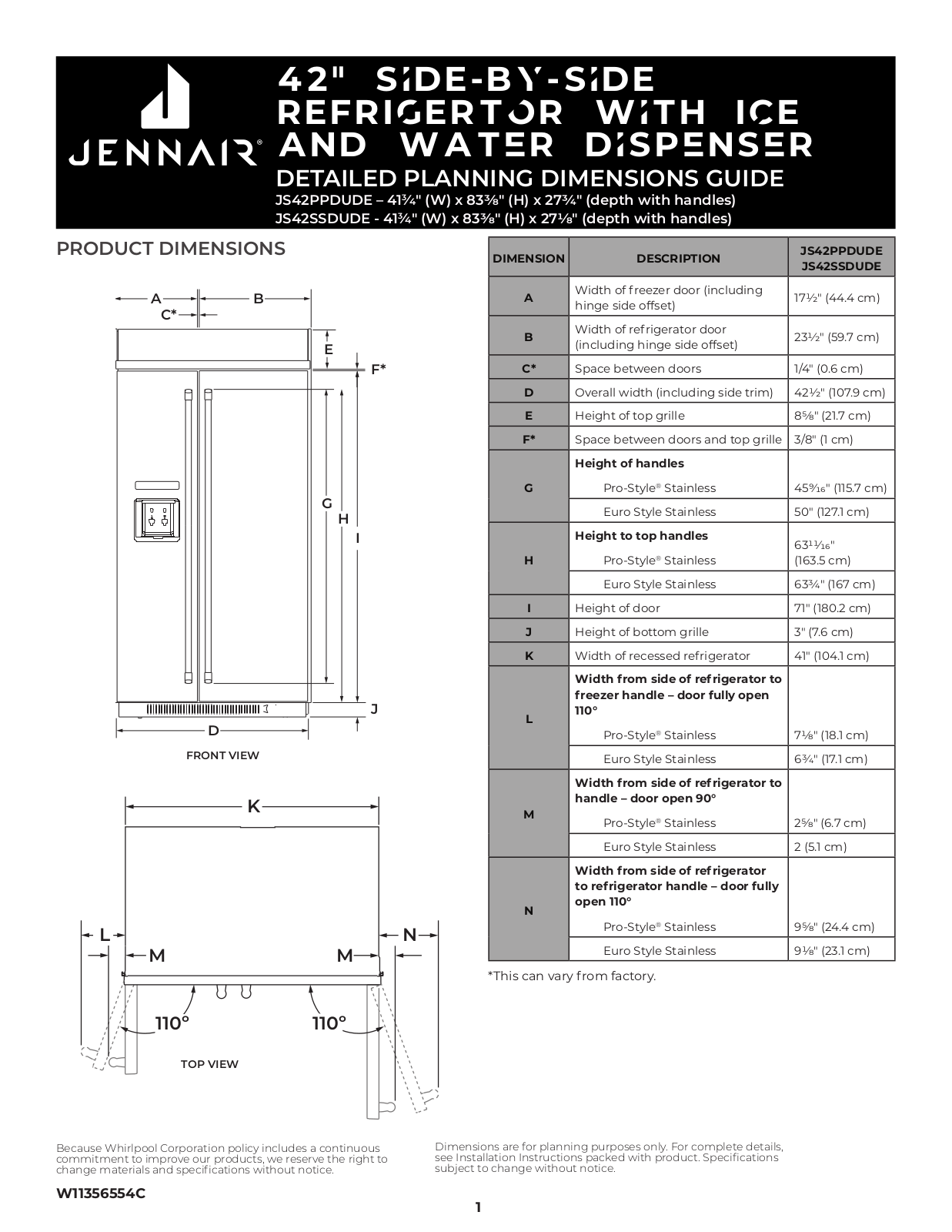 JennAir JS42PPDUDE, JS42SSDUDE Dimensions Guide