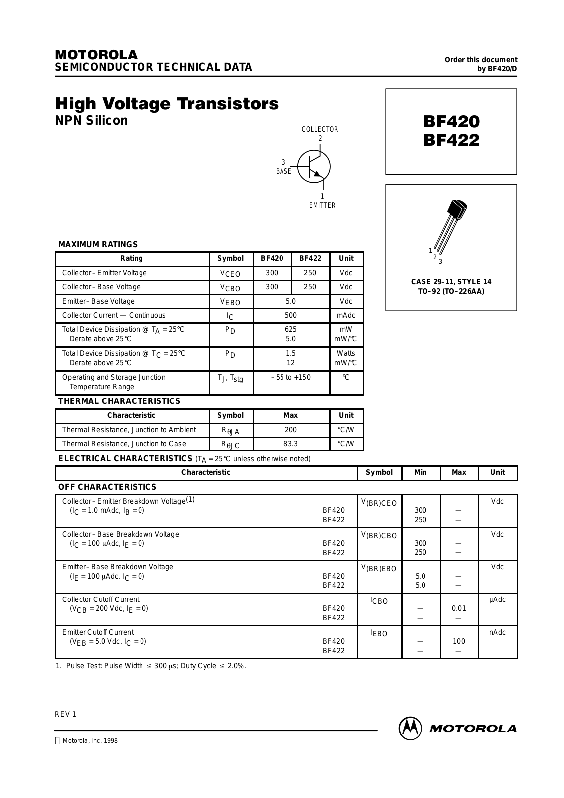 ON Semiconductor BF422ZL1, BF422RL1, BF422, BF420ZL1, BF420RL1 Datasheet