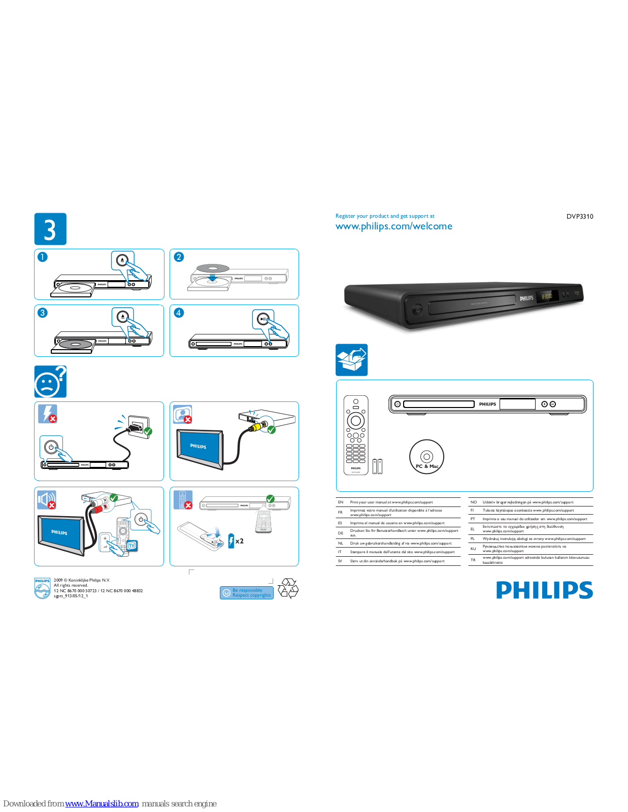 Philips DVP3310/05, DVP3310/12, DVP3310 Quick Start Manual