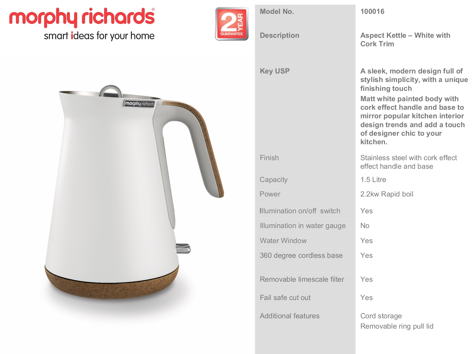 Morphy Richards 100016 Specifications Sheet