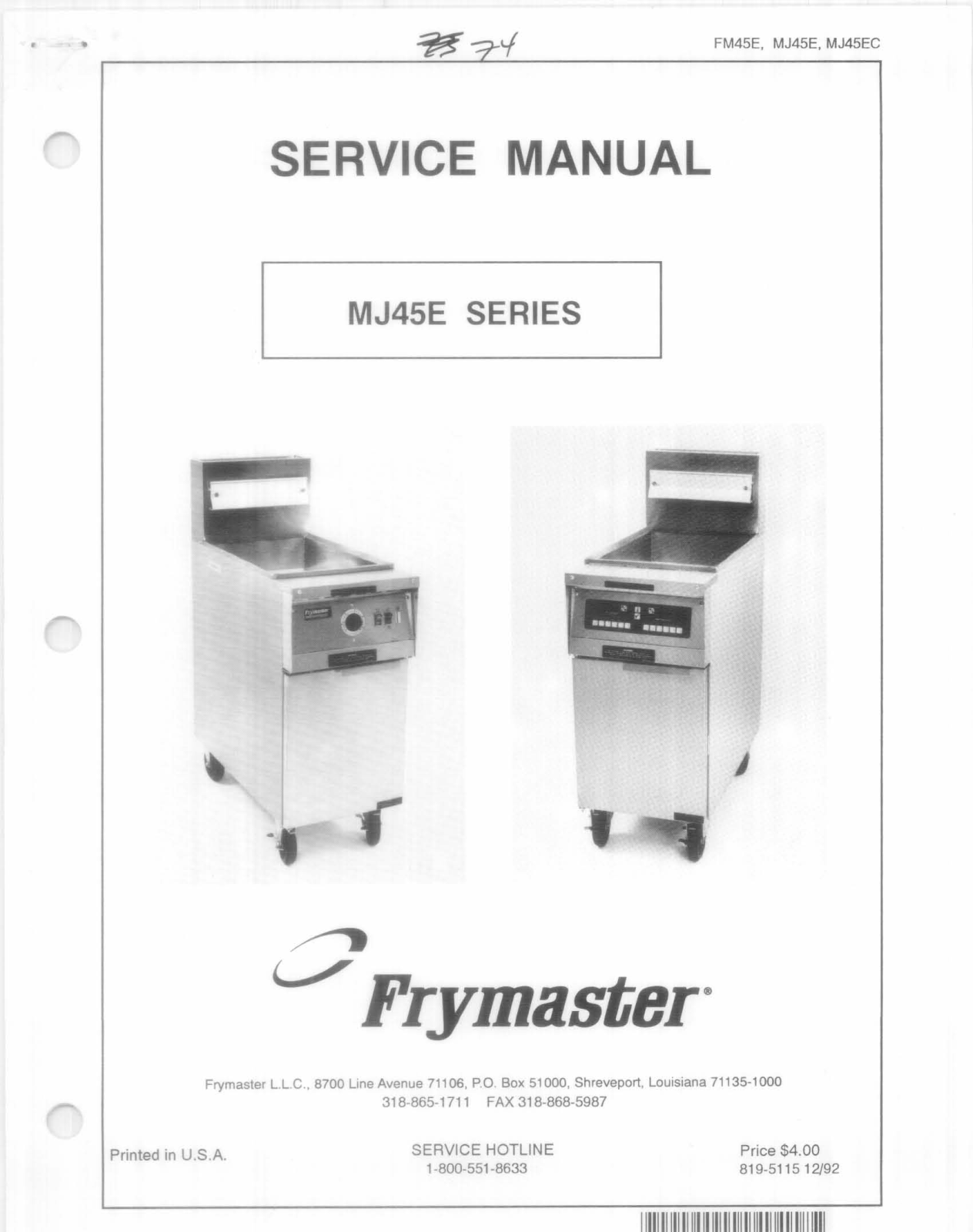 Frymaster MJ45E Service Manual