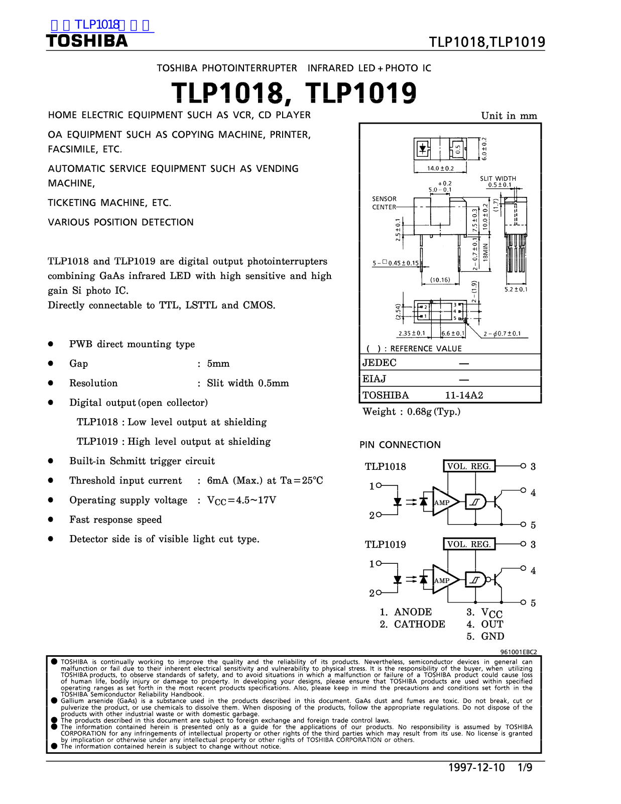 TOSHIBA TLP1018, TLP1019 Technical data