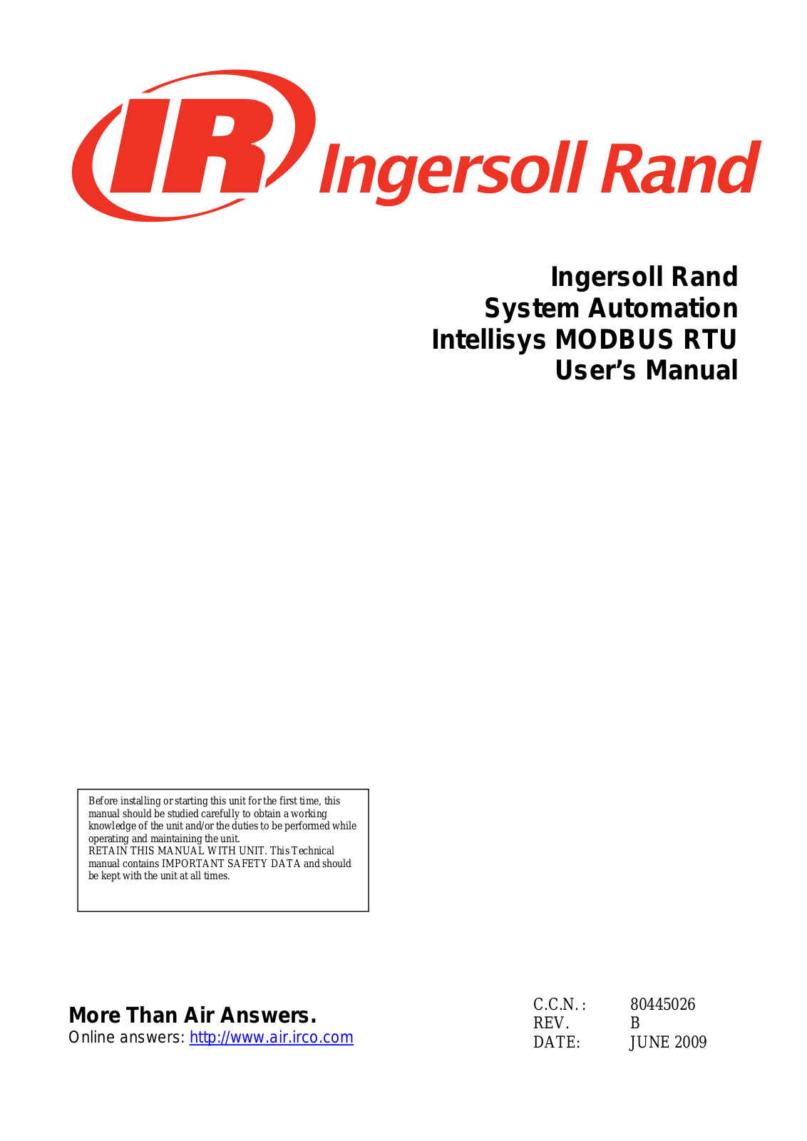 Ingersoll Rand System Automation Intellisys MODBUS RTU User Manual