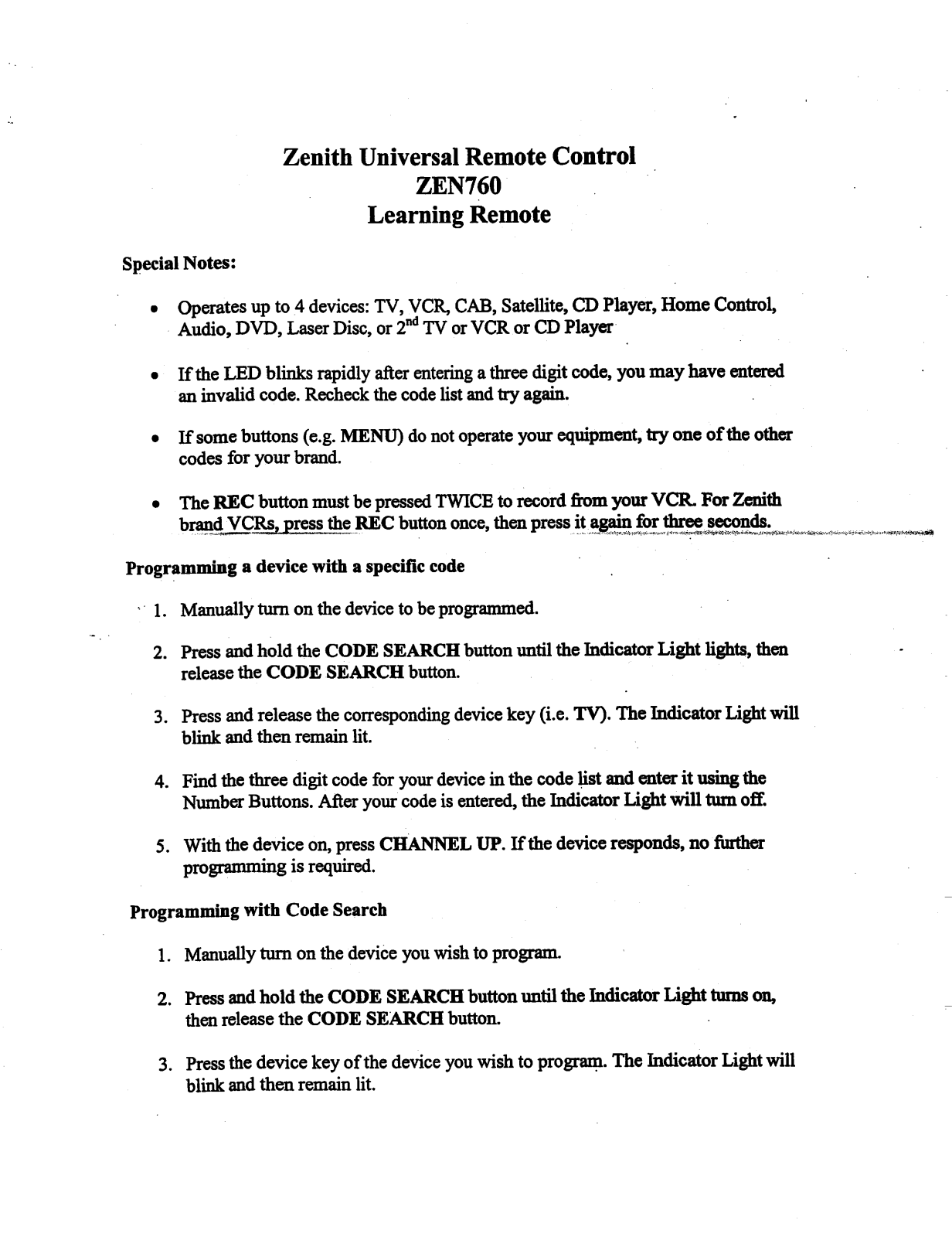 Zenith ZEN760 OPERATING GUIDE