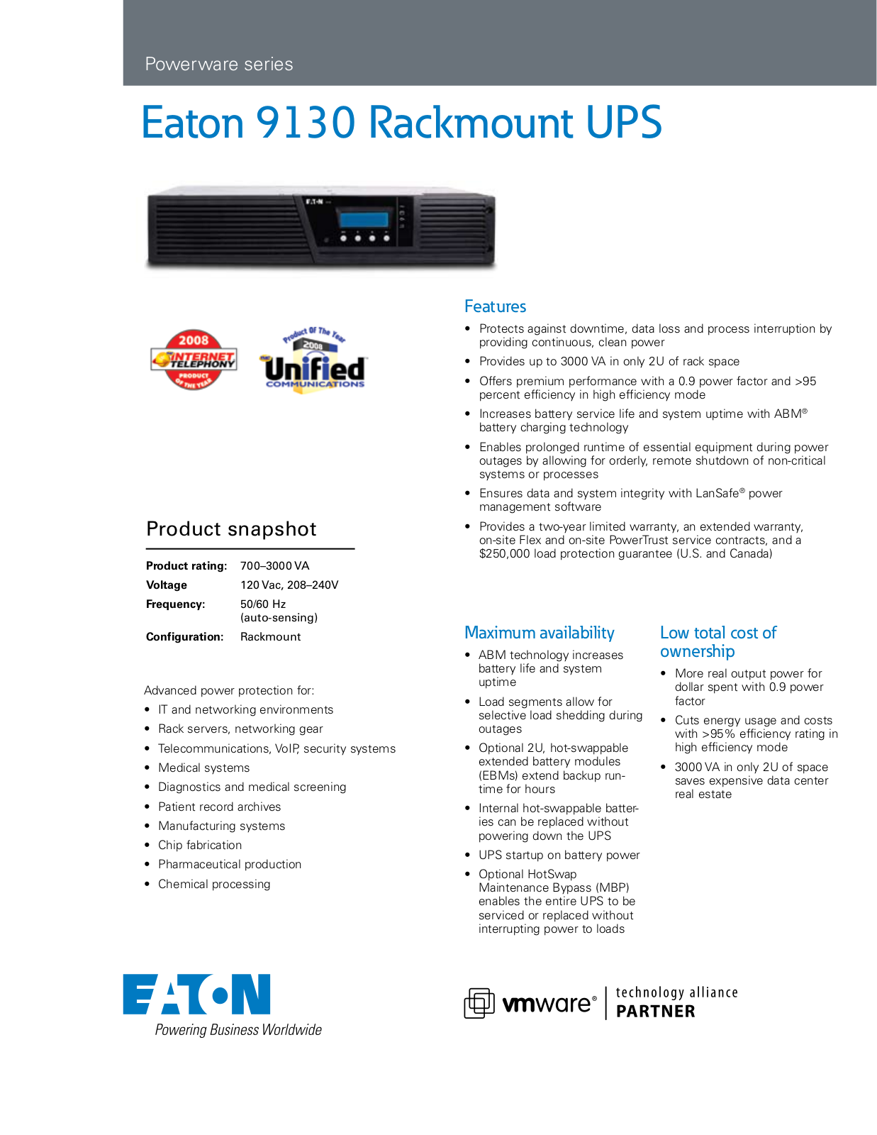 Eaton Powerware PW9130L1500T-XL Data Sheet