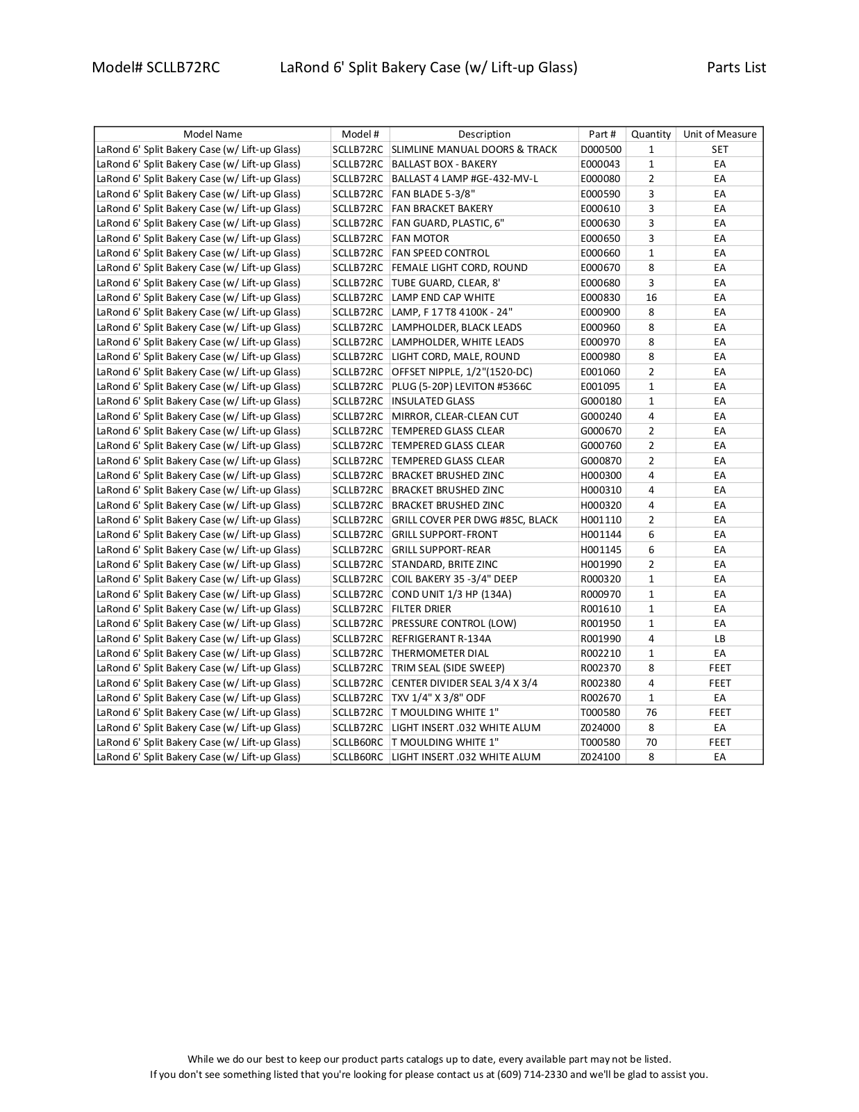 RPI Industries SCLLB72RC Parts List