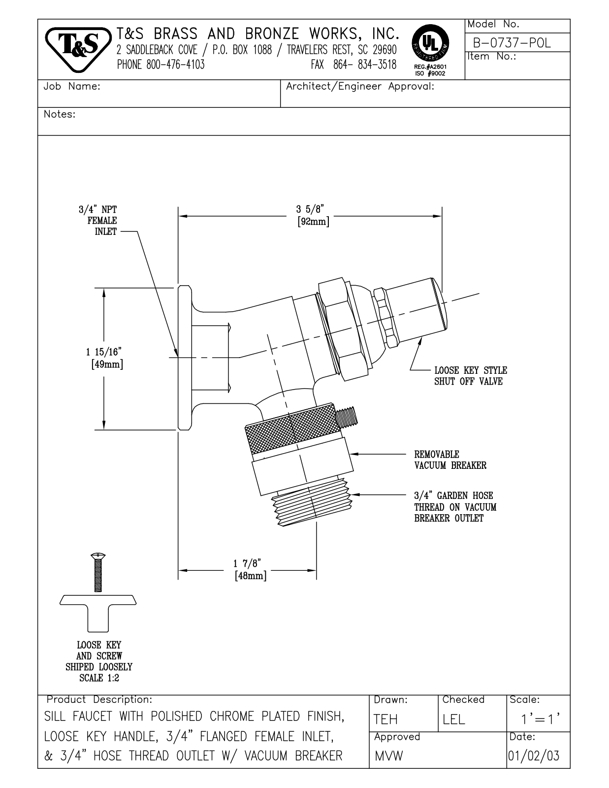 T & S Brass & Bronze Works B-0737-POL General Manual