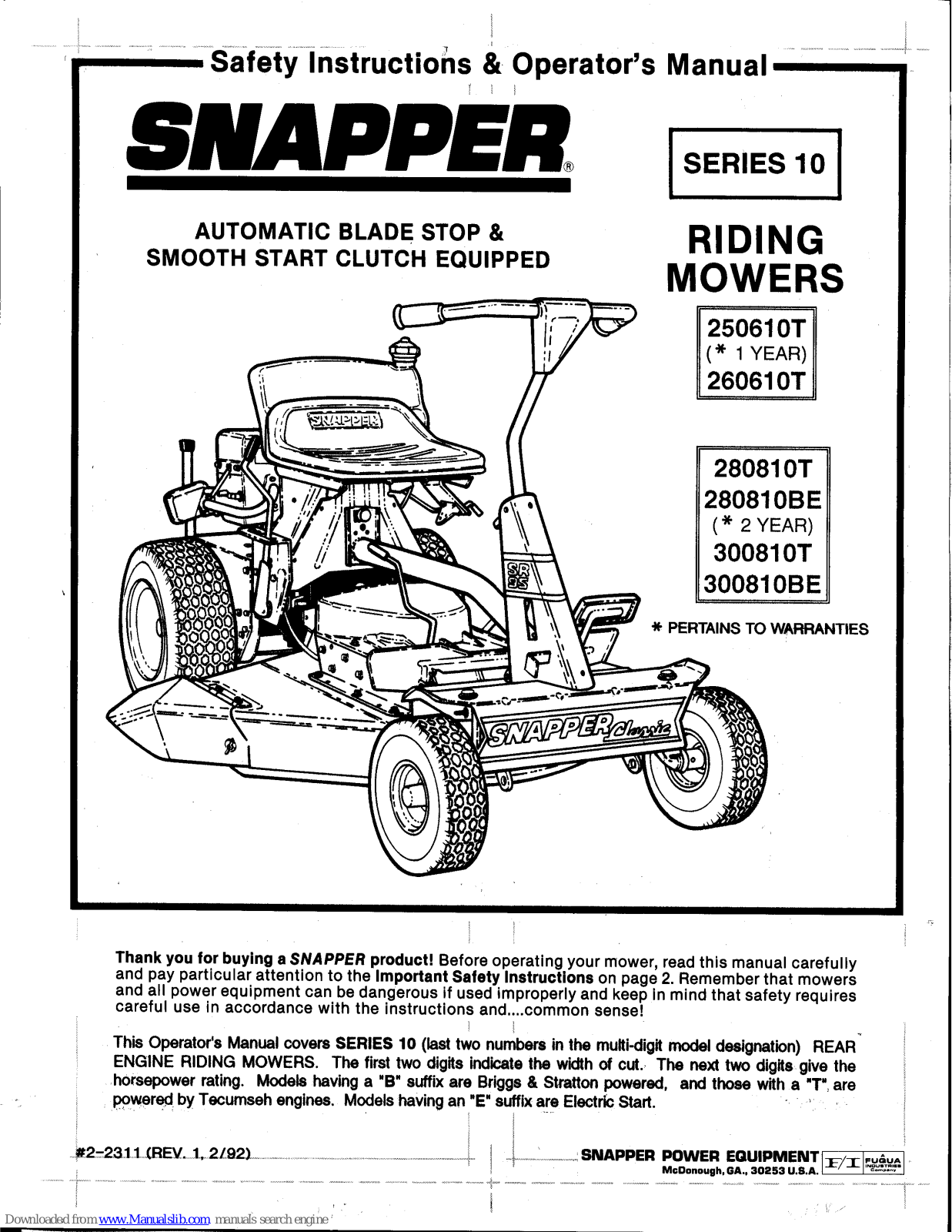 Snapper 280810T, 280810BE, 300810T, 300810BE Safety Instructions & Operator's Manual