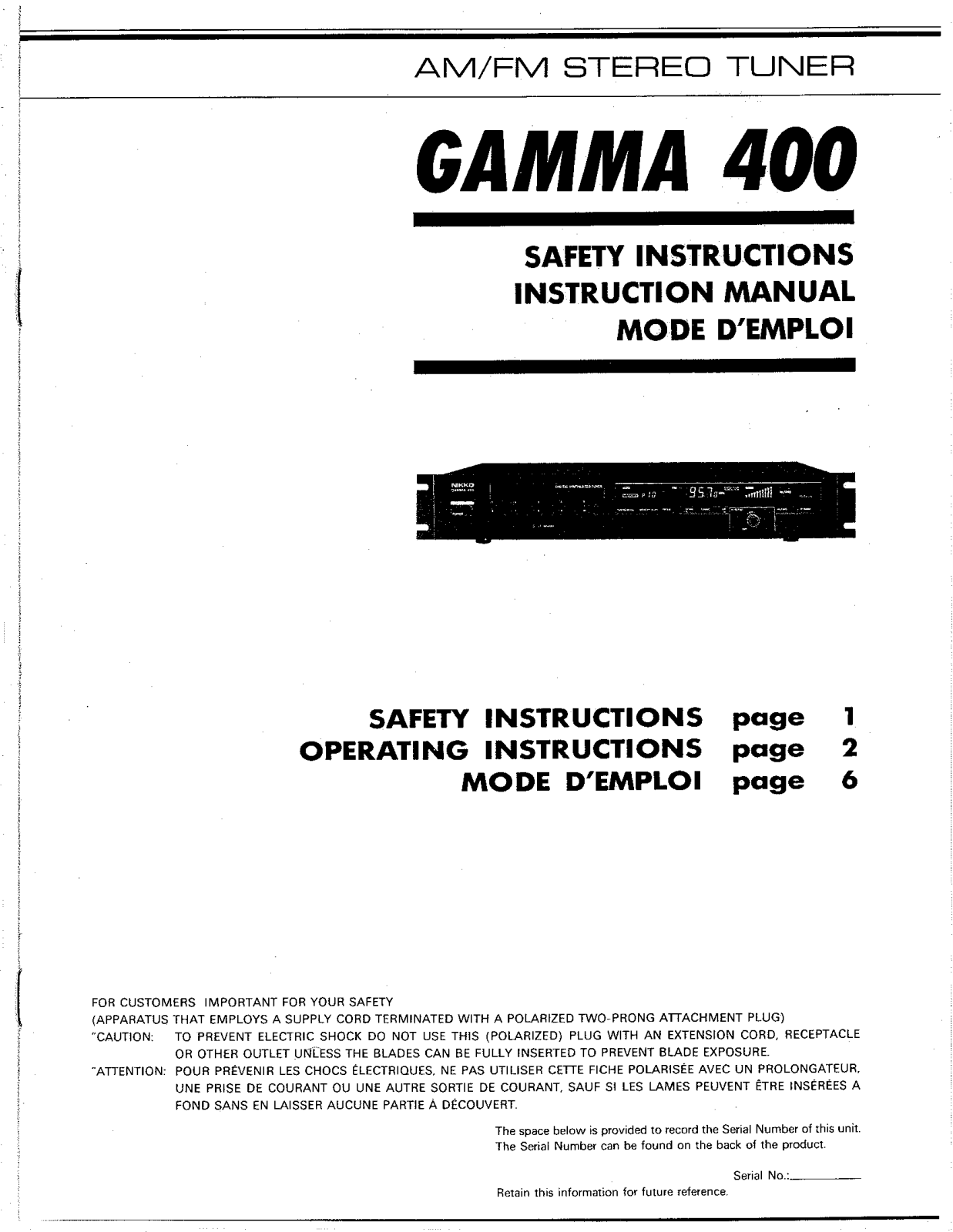 Nikko Audio Gamma 400 Owners manual