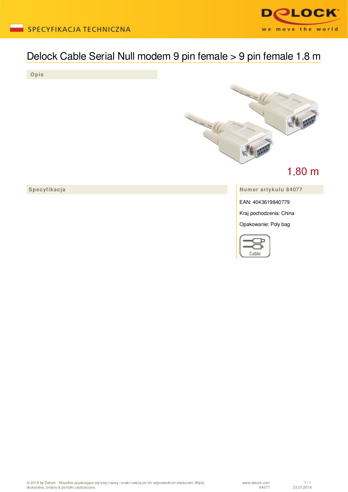 DeLOCK null modem cable 9-pin on 9-pin, 1.8m User Manual