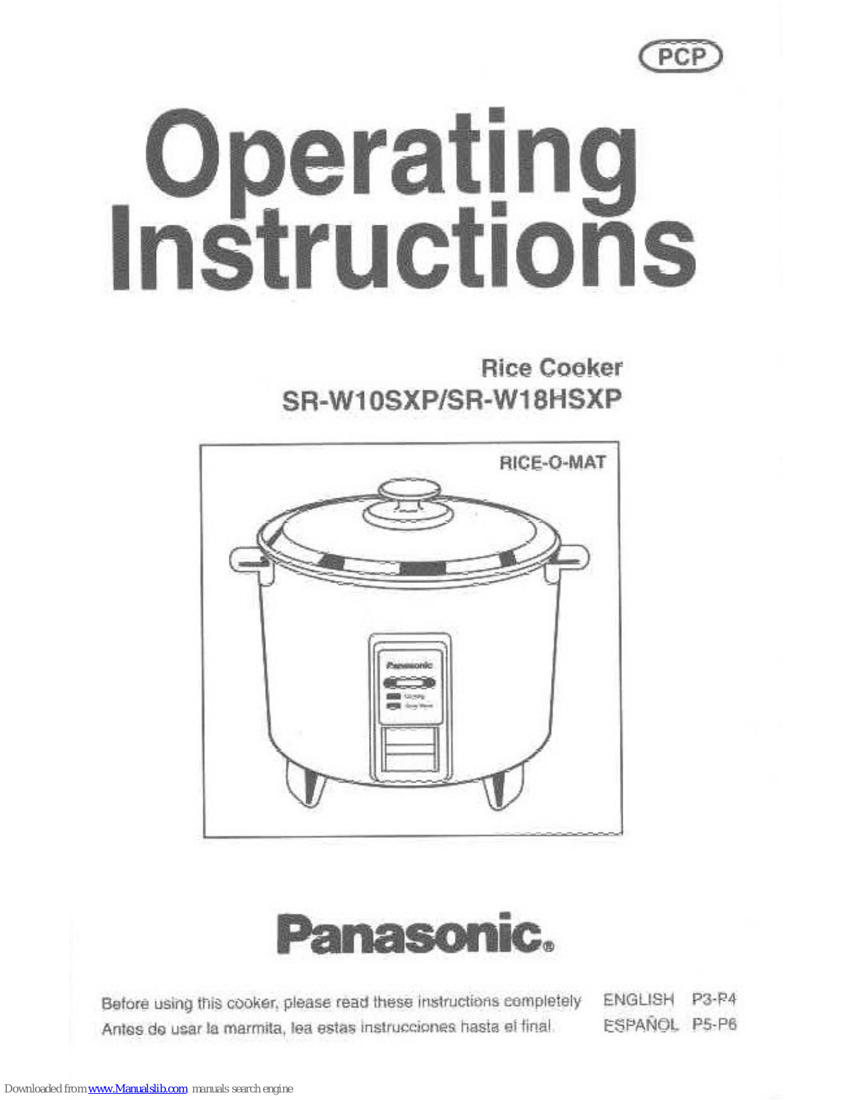 Panasonic Rice-O-Mat SR-W10SXP, SR-W18SXP, Rice-O-Mat SR-W18HSXP Operating Instructions Manual