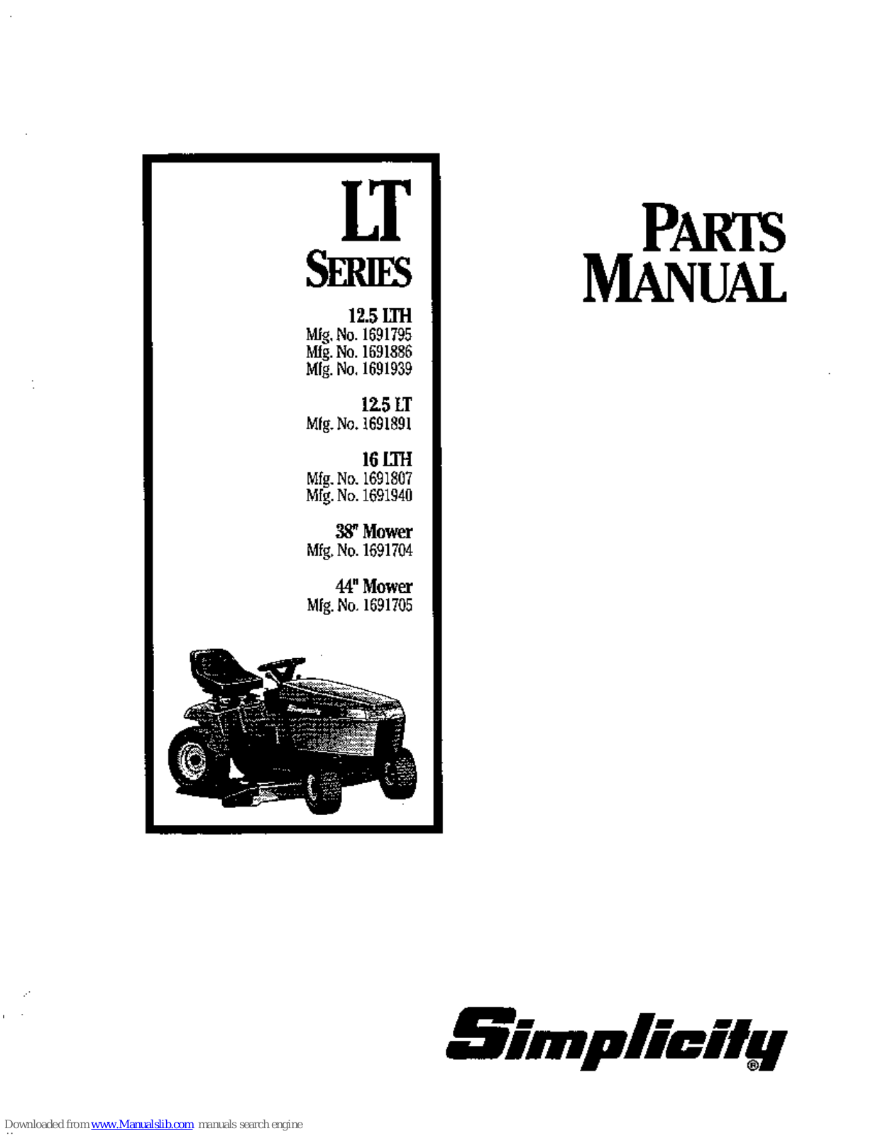 Simplicity 12.5 LT, 16 LTH, 1691795, 1691886, 1691939 Parts Manual