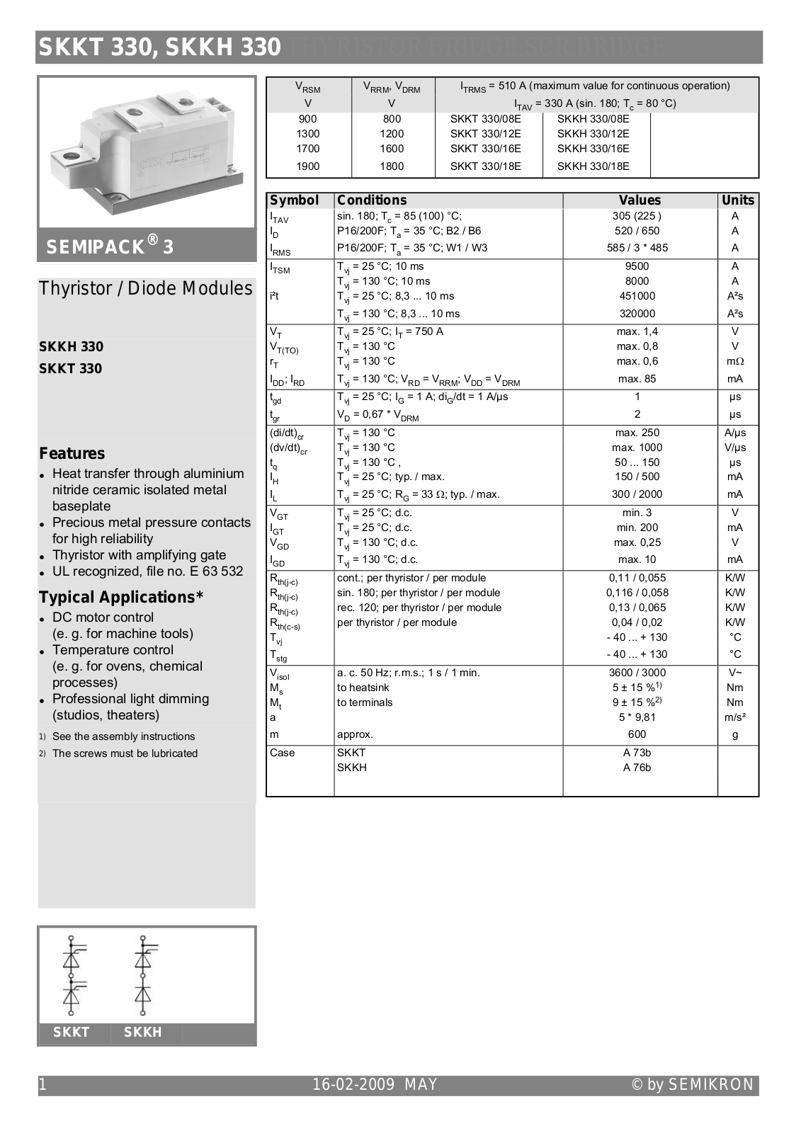 Semikron SKKT 330, SKKH 330 Data Sheet