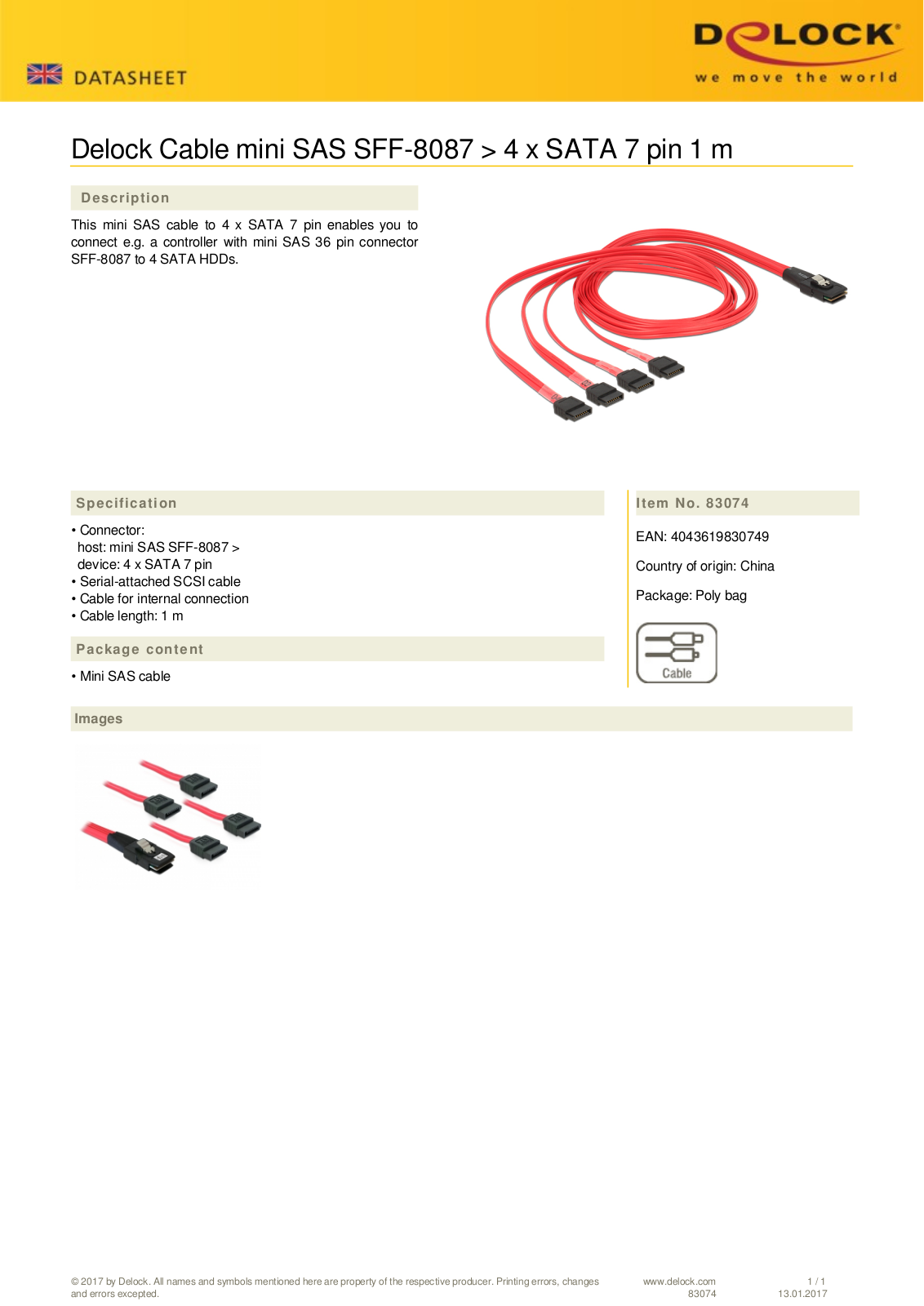 DeLOCK mini SAS  SFF-8087  to 4x SATA, 1m User Manual