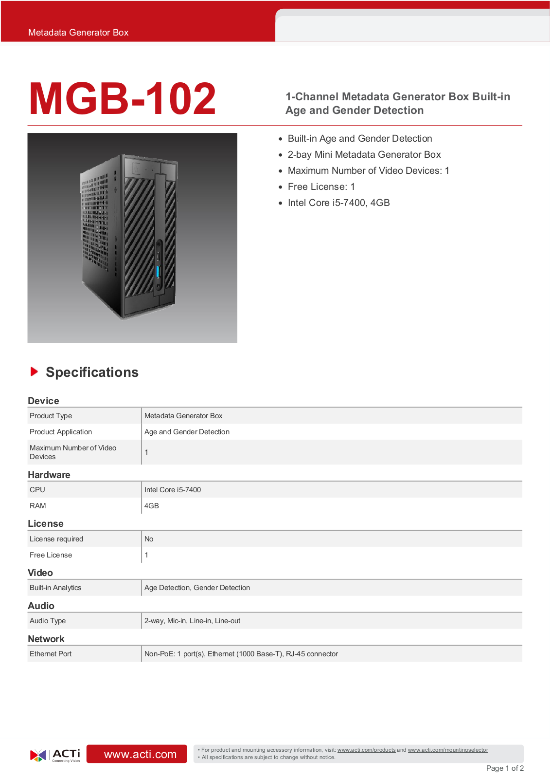 ACTi MGB-102 Specsheet