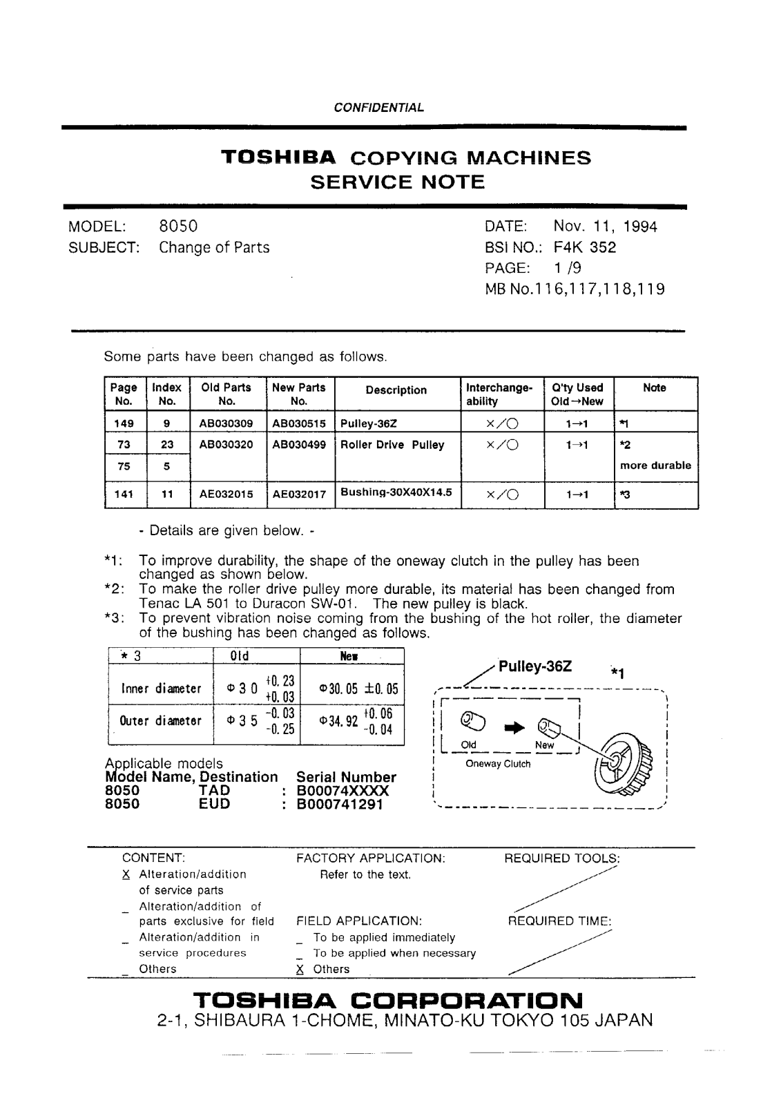 Toshiba f4k352 Service Note