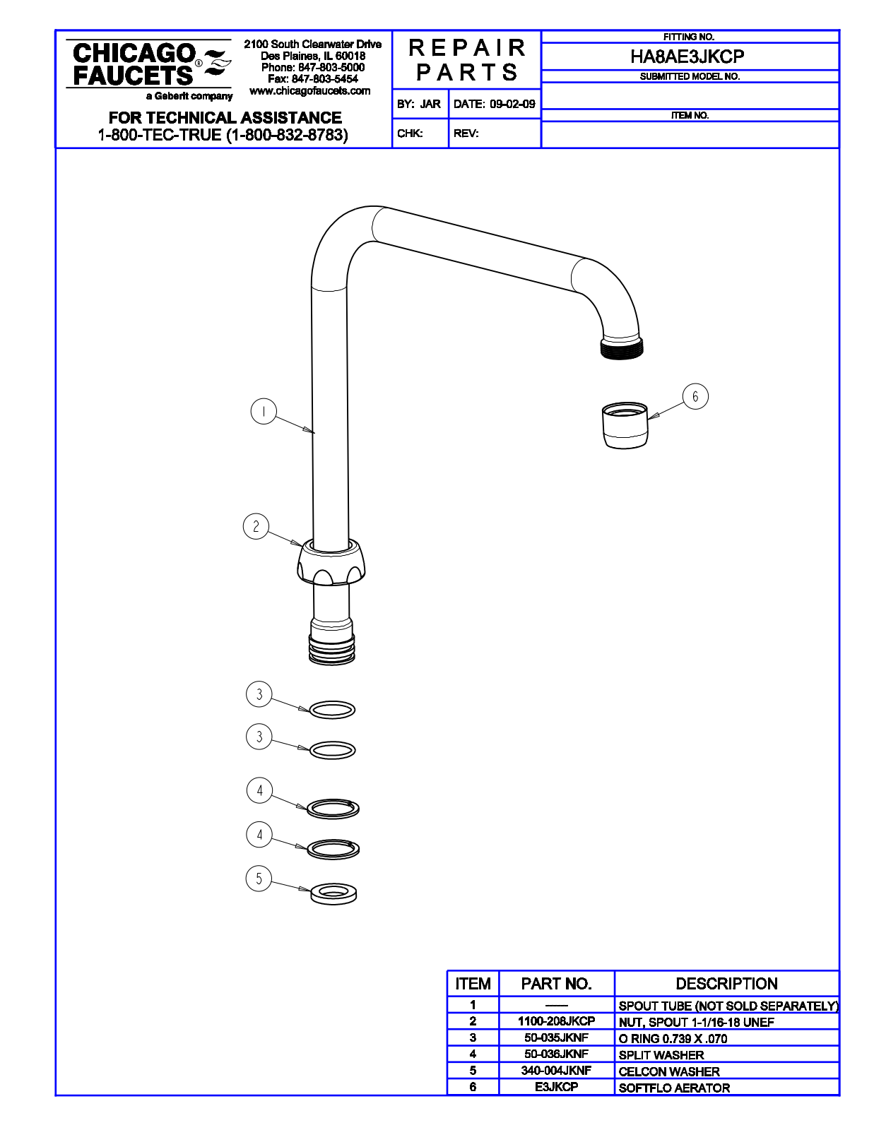 Chicago Faucet HA8AE3JKCP Parts List