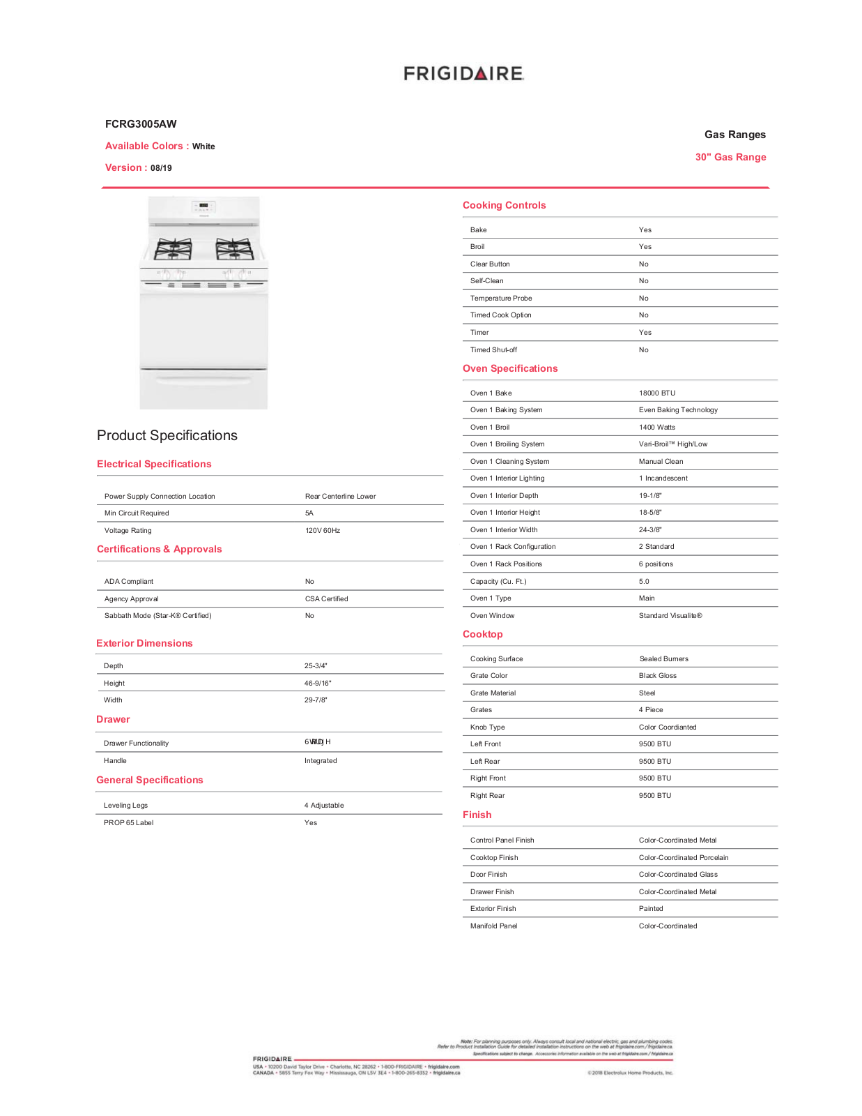 Frigidaire FCRG3005AW Specifications