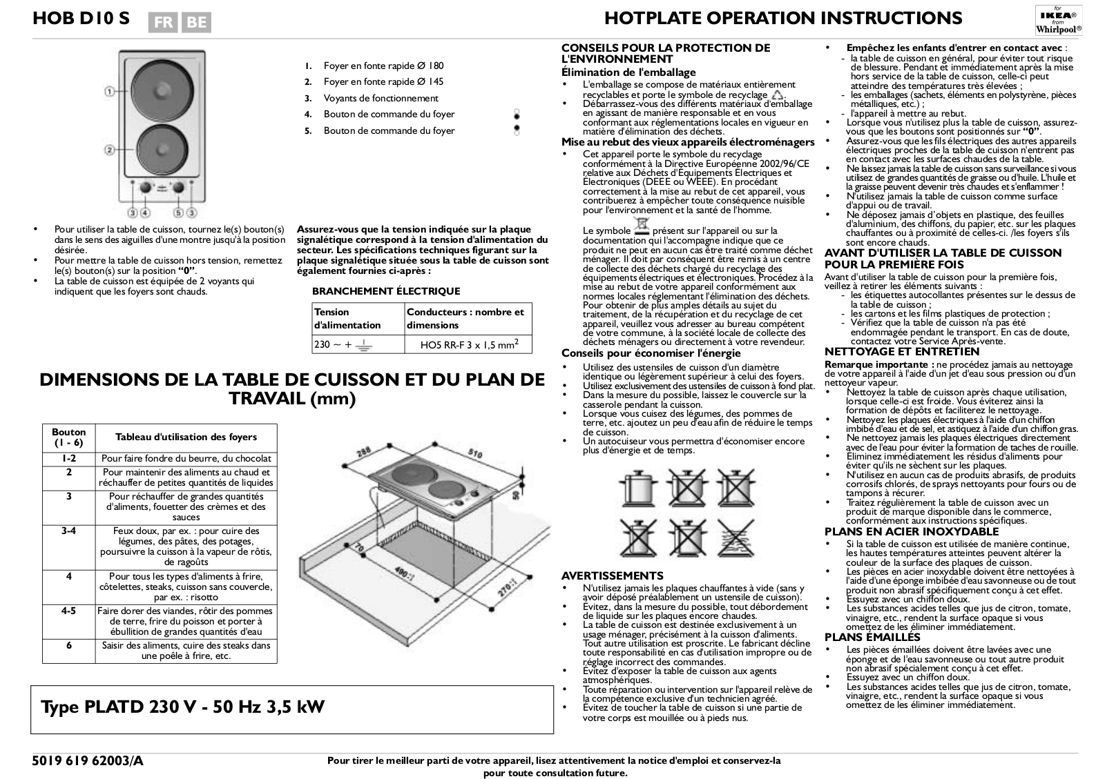 Whirlpool HOB D10 S PRODUCT SHEET