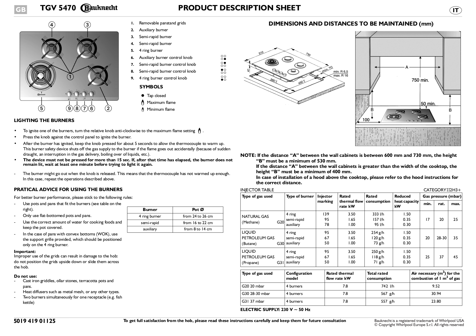 Whirlpool TGV 5470/SW INSTRUCTION FOR USE