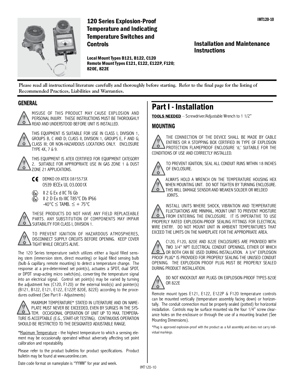 United Electric Controls 120 Series, F120, E121, B121, C120 Installation And Maintenance Instructions Manual