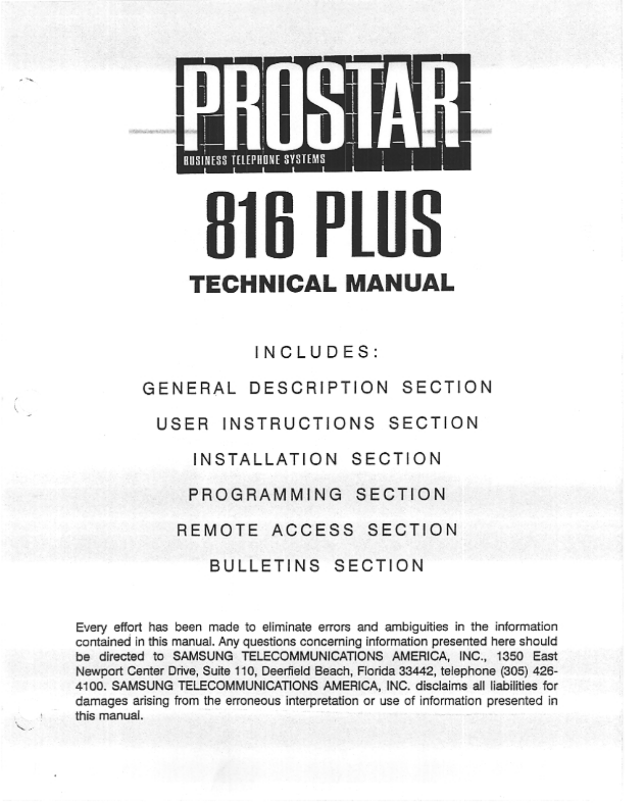 Samsung Prostar 816 Plus Tech Manual