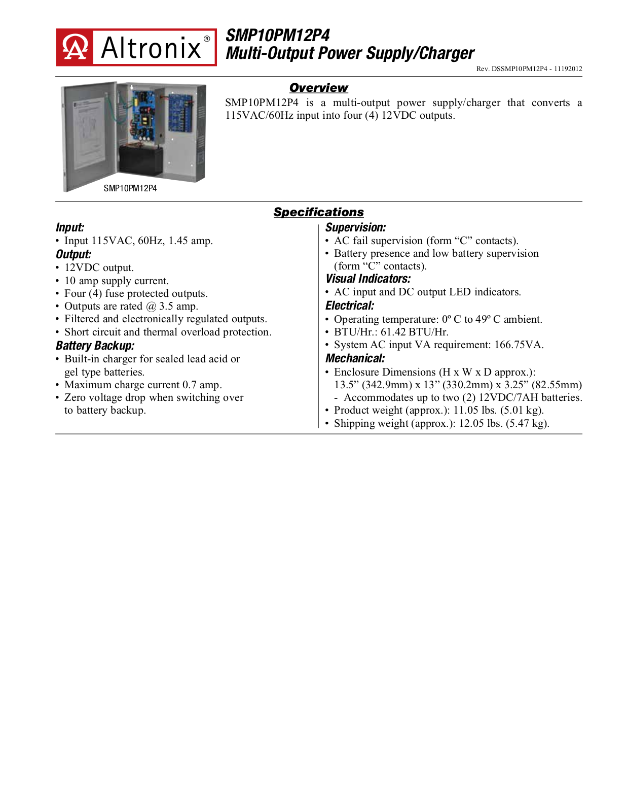 Altronix SMP10PM12P4 Specsheet