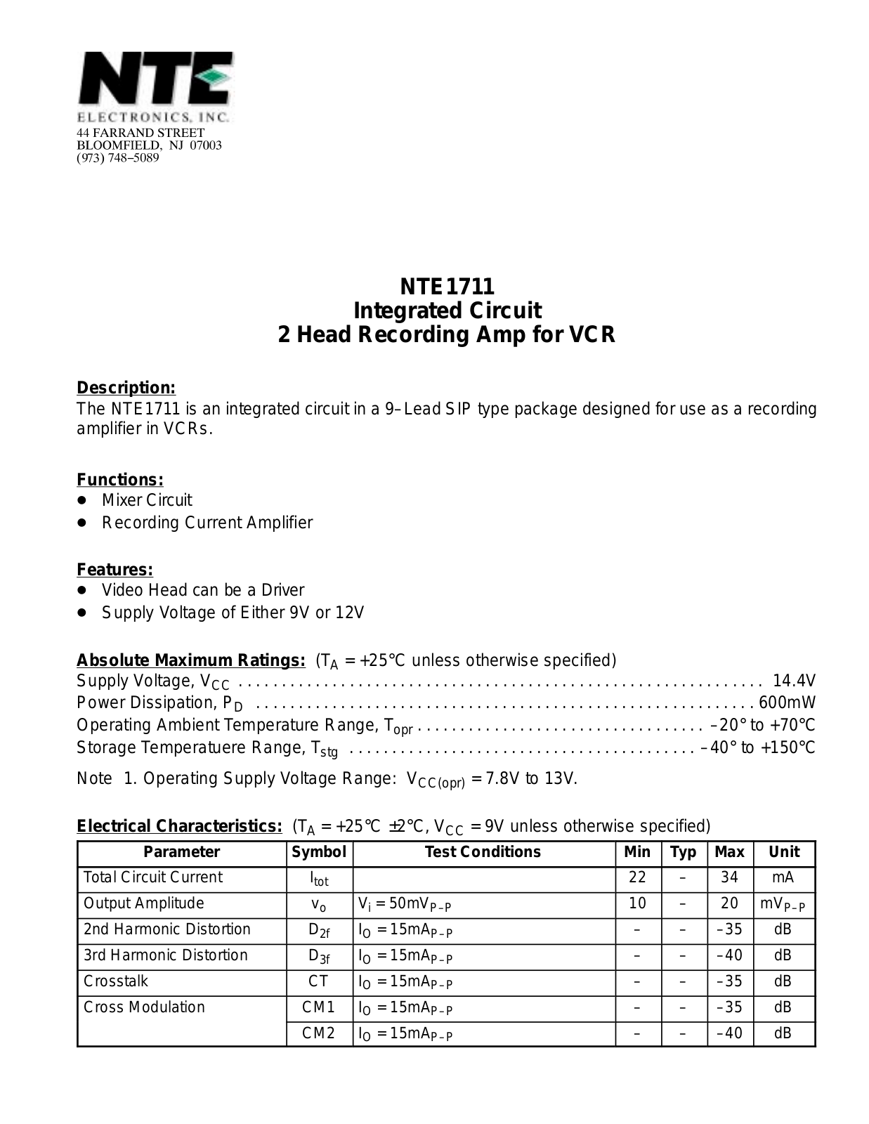 Datasheet NTE1711 Datasheet (NTE) - ManualMachine.com