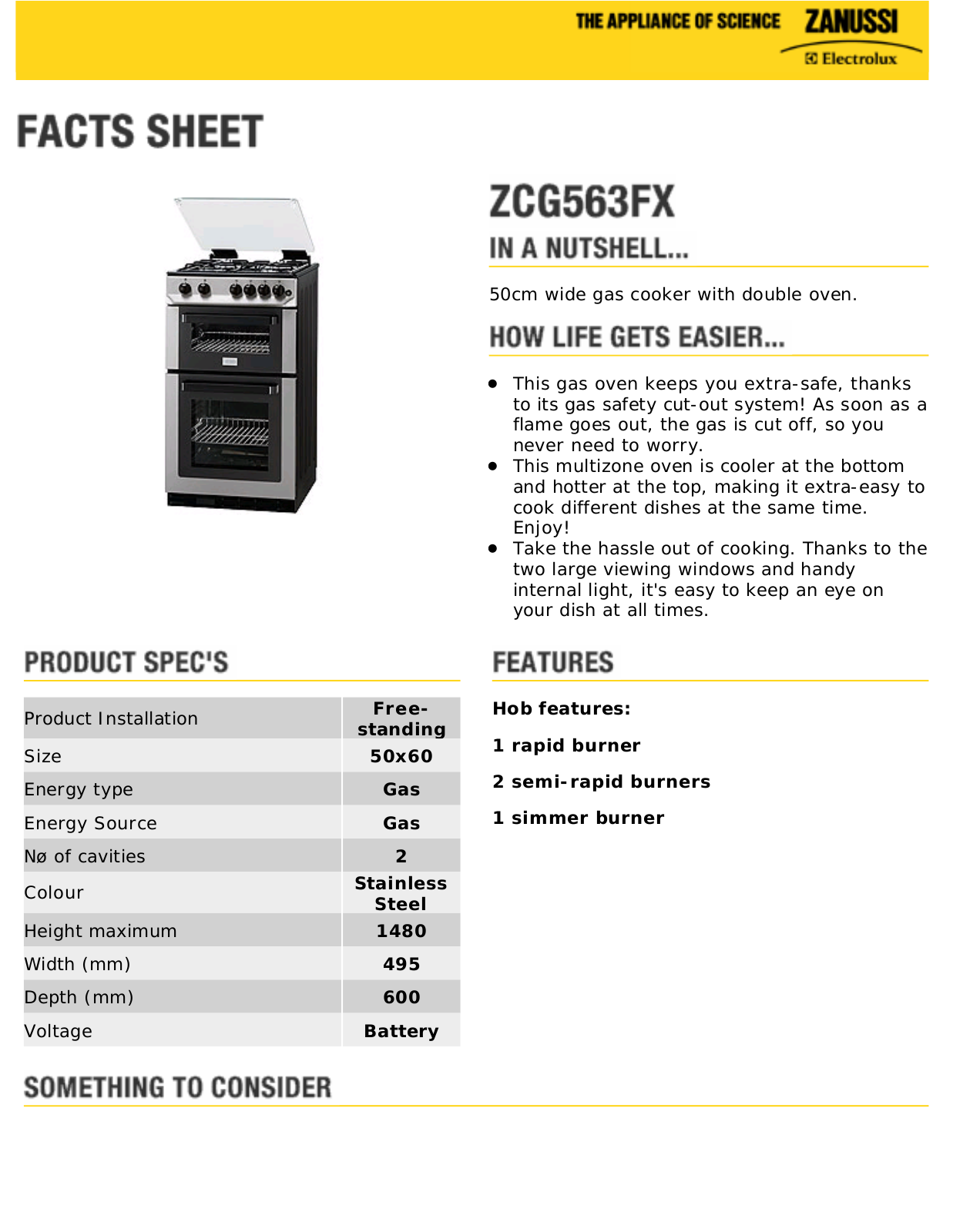 Zanussi ZCG563FX facts sheet