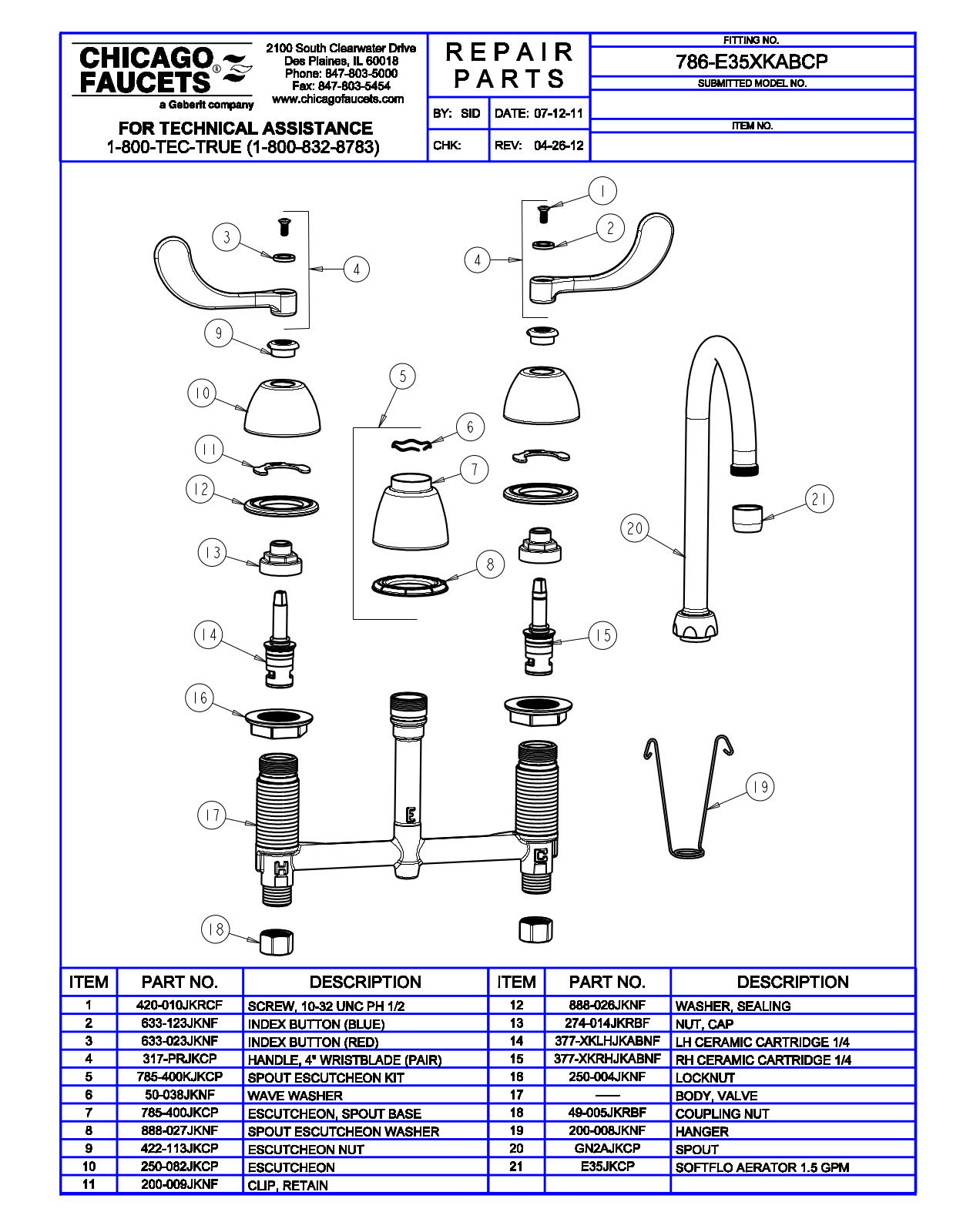 Chicago Faucet 786-E35XKABCP Parts List