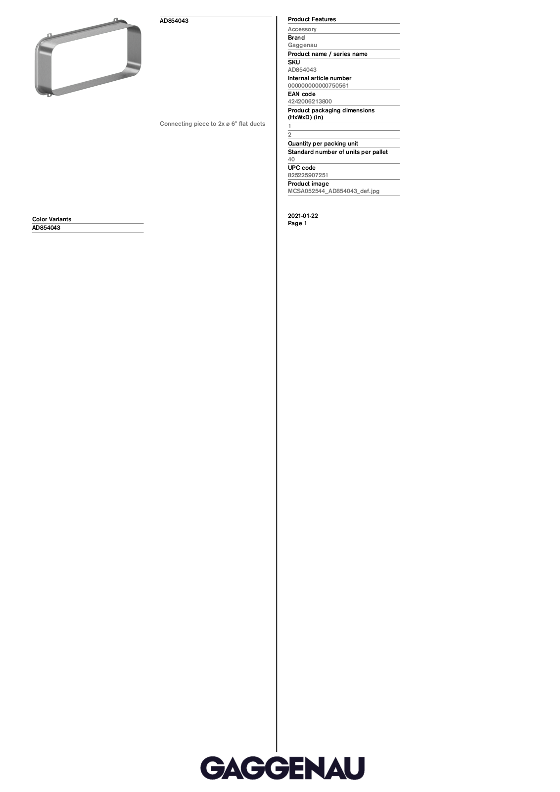 Gaggenau AD854043 Specification Sheet