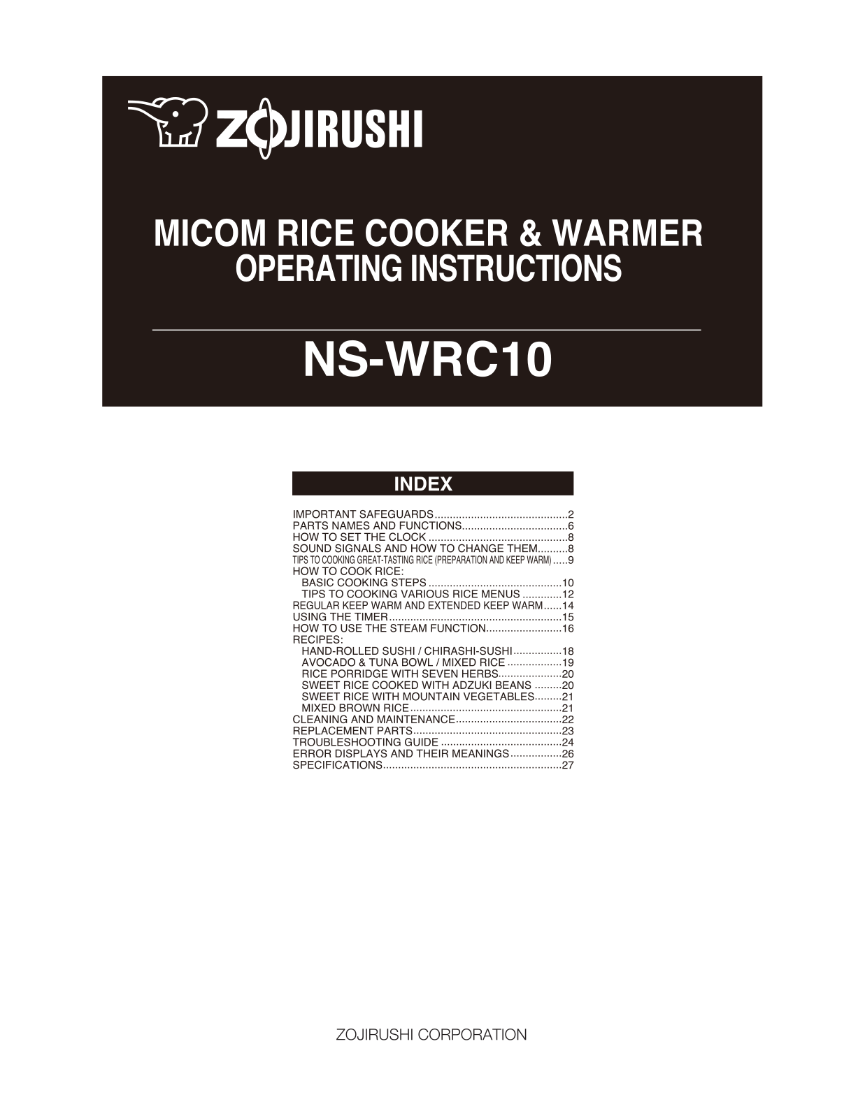 Zojirushi NS-WRC10 User Manual