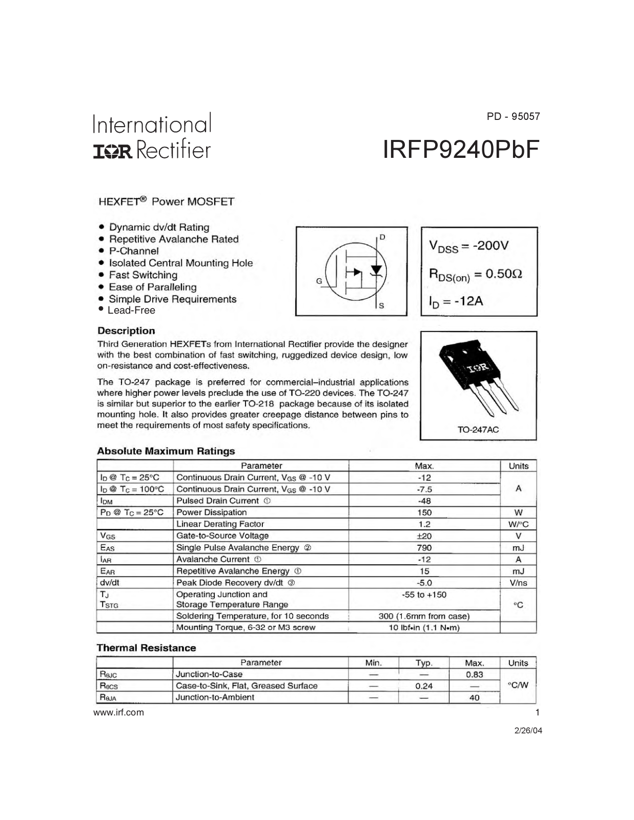 Datasheet IRFP9240PBF Specification - ManualMachine.com