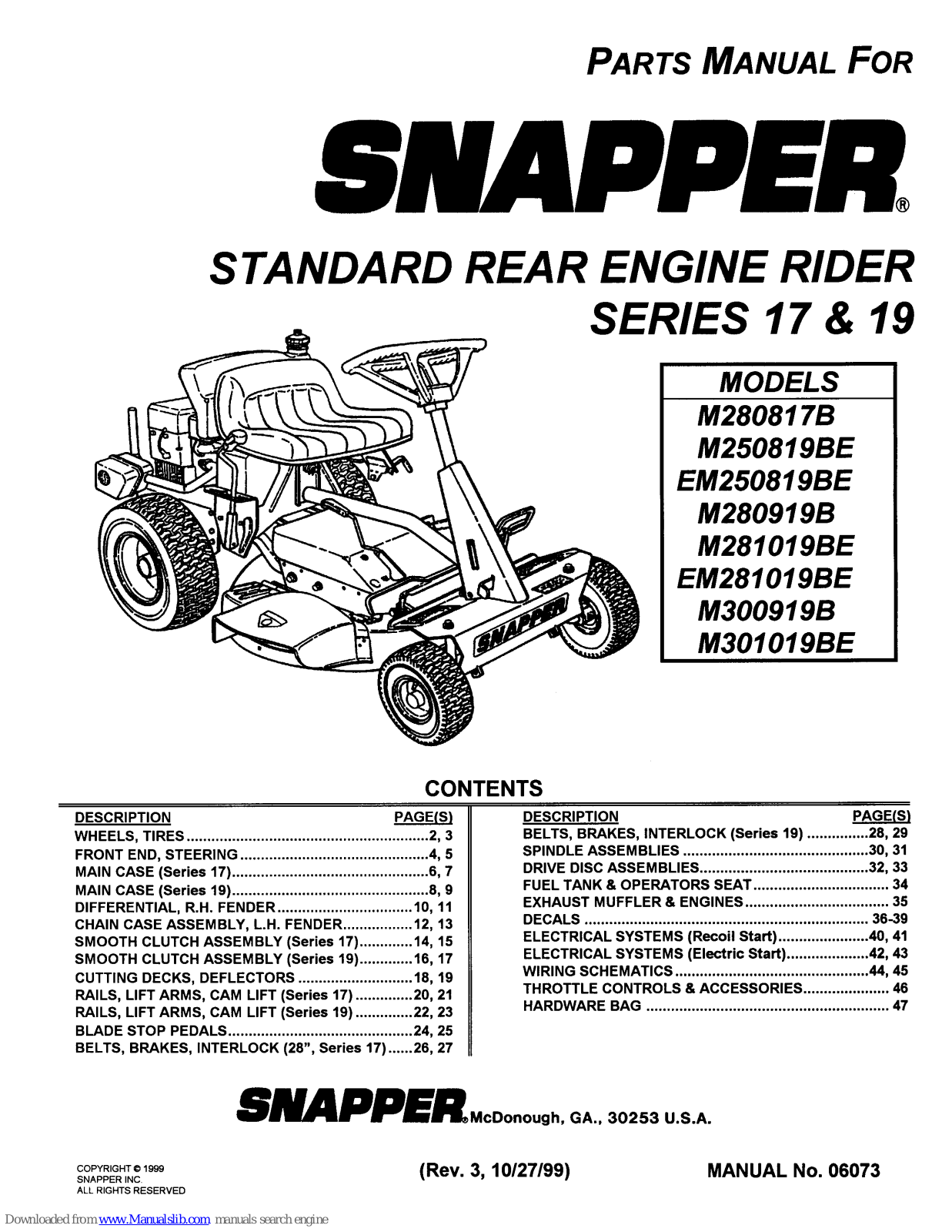 Snapper M280817B,M300919BE,M301019B,M250819BE,EM250819BE,M280919B,M281019BE,EM281019BE,M300919B,M301019BE Parts Manual