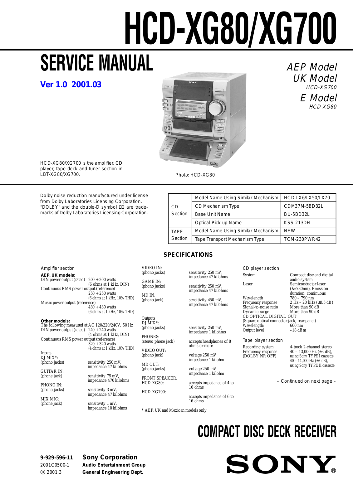 Sony HCD-XG80, HCD-XG700 Service manual