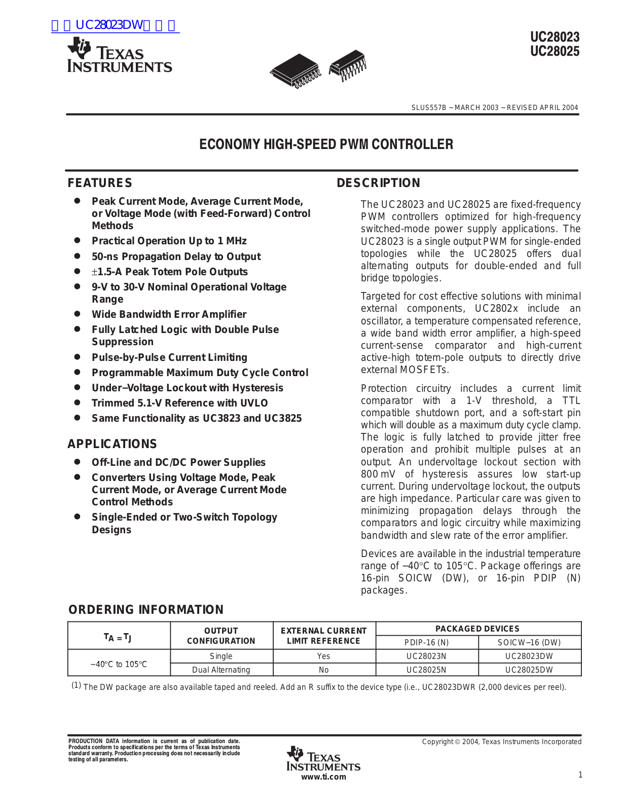 TEXAS INSTRUMENTS UC28023, UC28025 Technical data