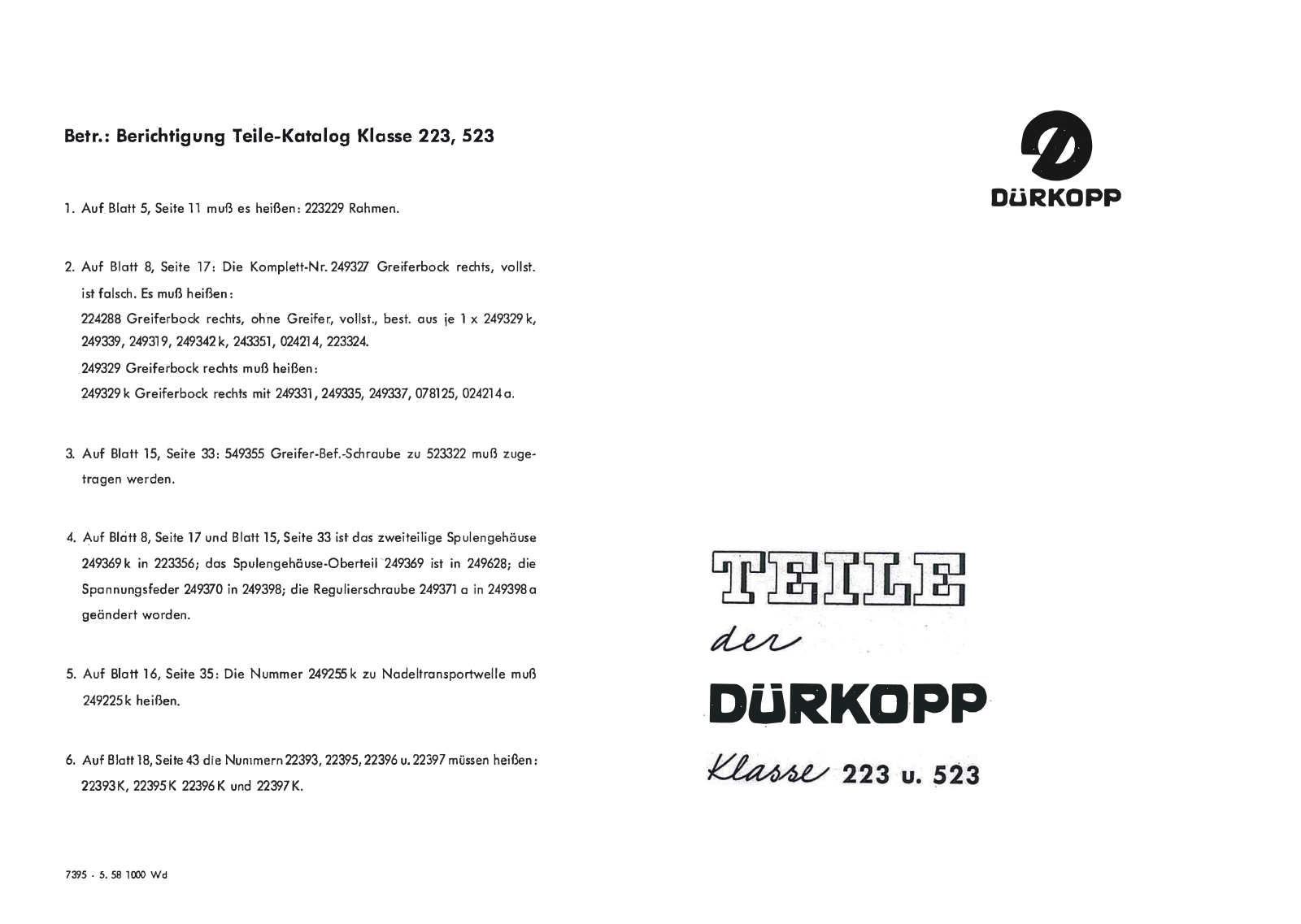 Durkopp 223, 523 User Manual