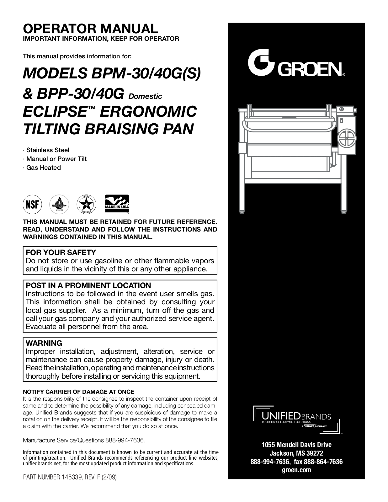 Groen BPM-30, PM-40G, BPP-30, BPP-40G Operation Manual