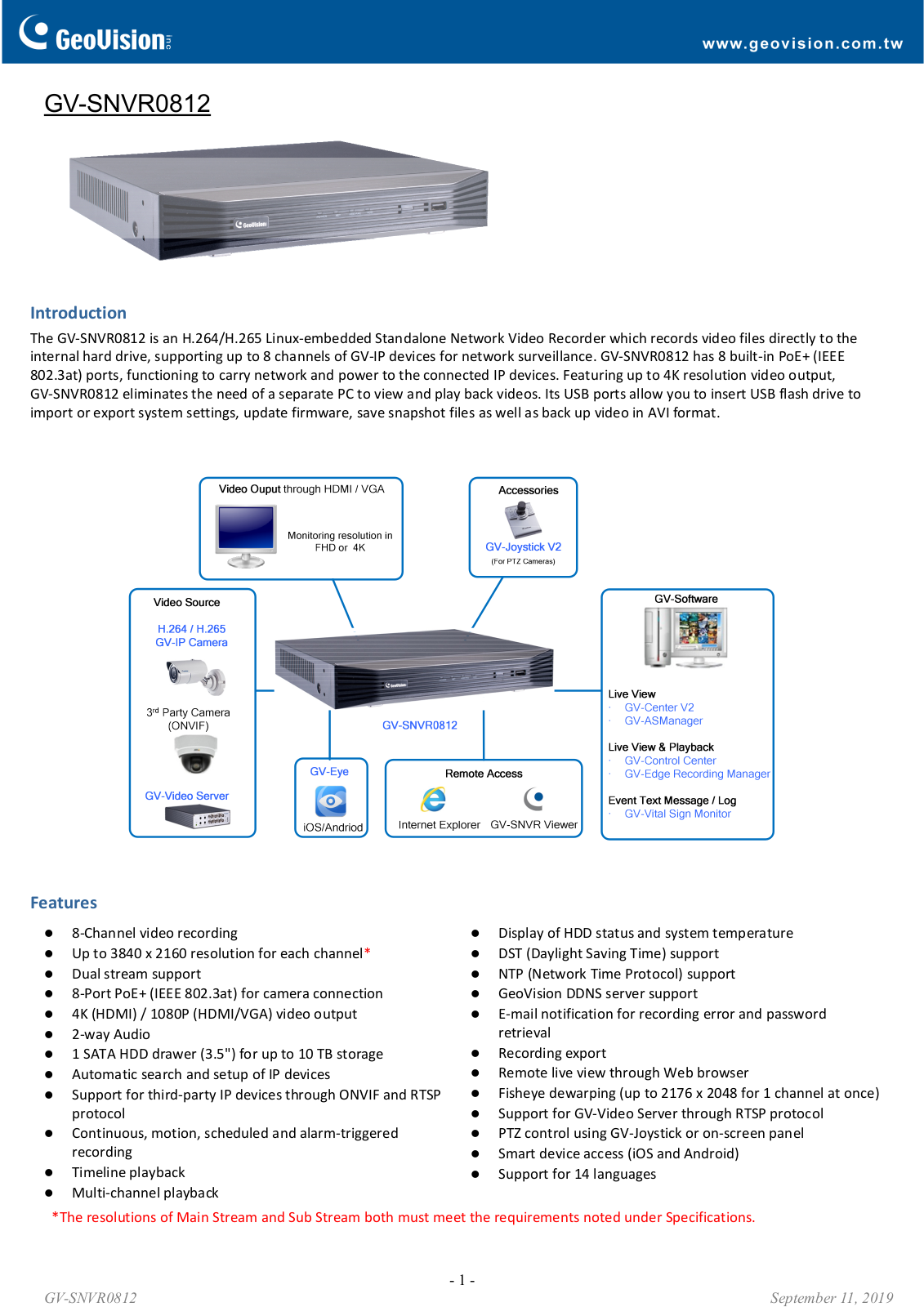 Geovision GV-SNVR0812 Specsheet