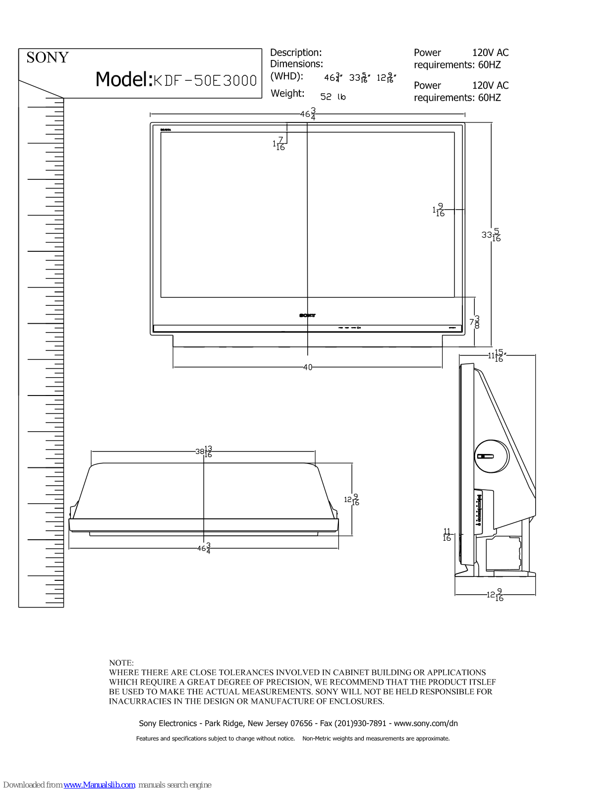 Sony BRAVIA KDF-50E3000 Specifications - ManualMachine.com