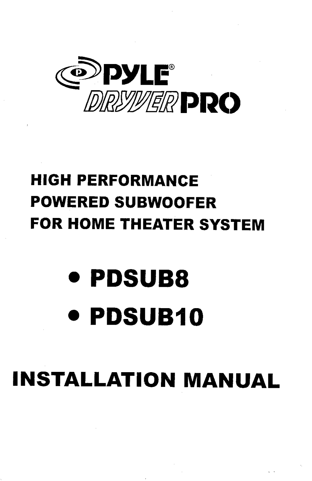 Pyle PDSUB-8-10 Owners manual